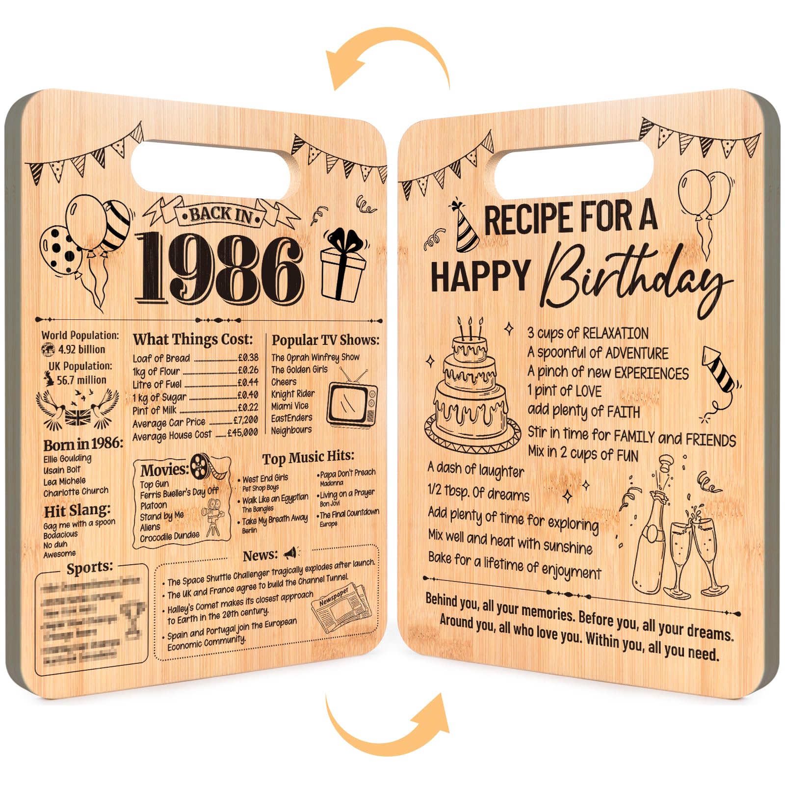 40th Birthday Gift for Women Men, Luvart 40 Year Old Birthday Gifts to Her Him, Back in 1986 Bamboo Cutting Board Double Sided, 40th Happy Birth Day Kitchen Present for Mum Dad Husband Wife Friend