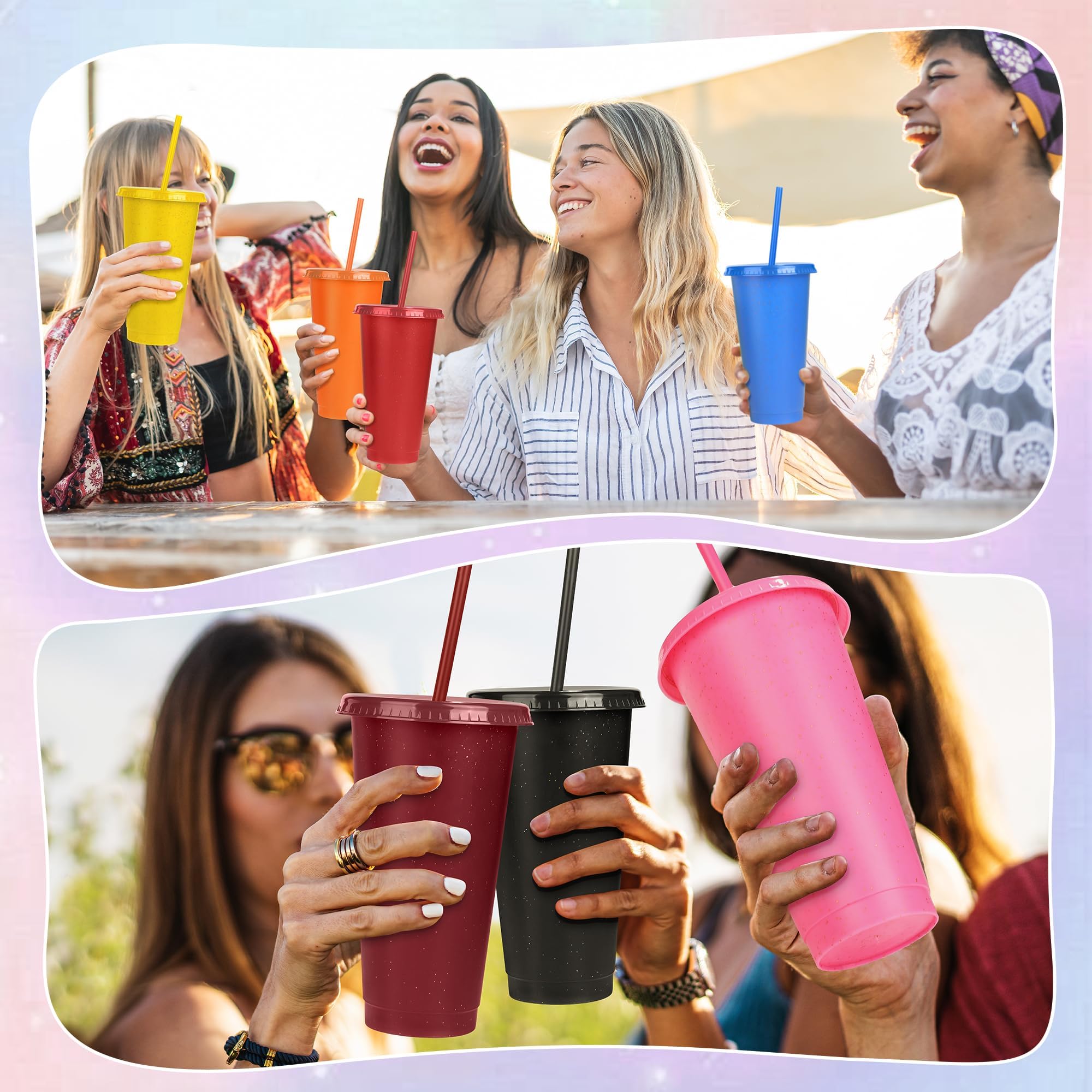 Kochorie Lot de 36 gobelets avec paille et couvercle – Bouteilles d'eau colorées en vrac de 700 ml – Gobelets de voyage réutilisables en plastique pour fêtes, anniversaires et utilisation en extérieur