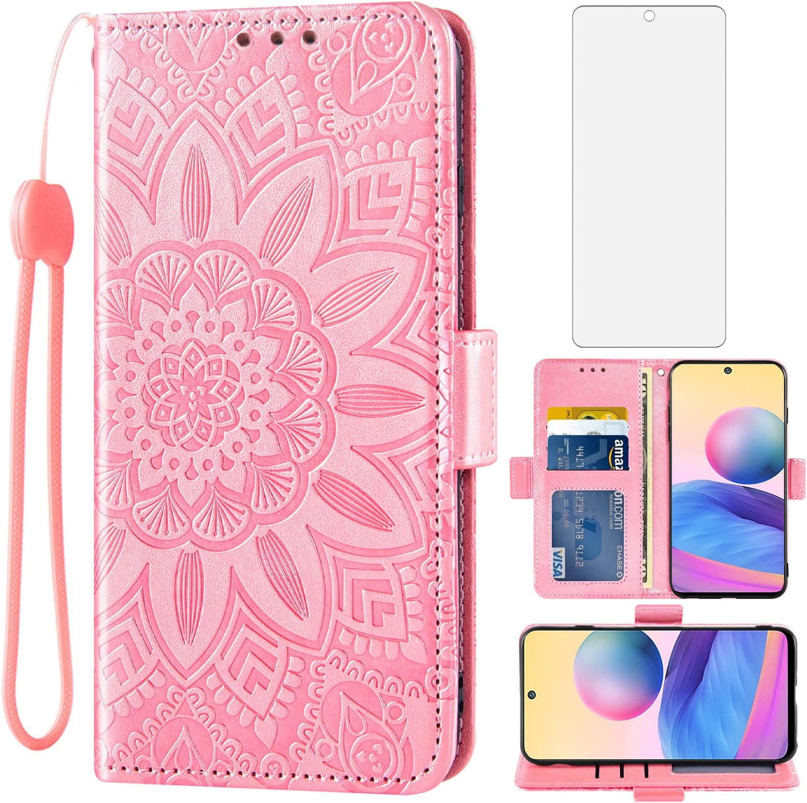 Asuwish Phone Case for Xiaomi Redmi Note 10 5G with Tempered Glass Screen Protector and Flower Leather Wallet Flip Cover Credit Card Holder Stand Cell Poco M3 Pro/Redme Note 10T G5 Women Men Rose Gold