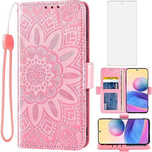 Asuwish Funda de teléfono para Xiaomi Redmi Note 10 5G con protector de pantalla de vidrio templado y billetera de cuero con diseño de flores,