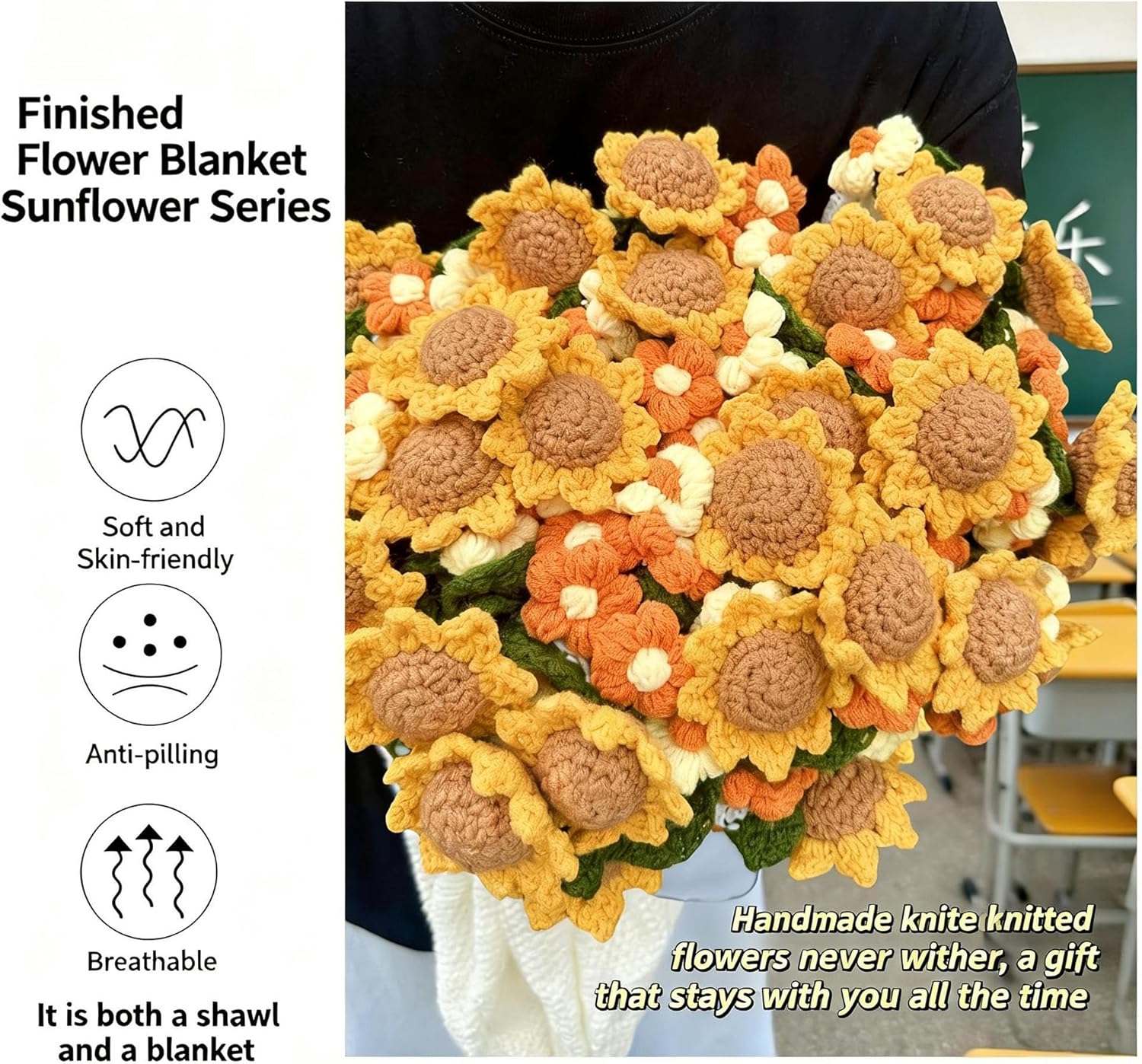 Sunflower Bouquet Blanket, Handmade Crochet Flower Blanket 43" Round, Machine Washable Gift Home Decor