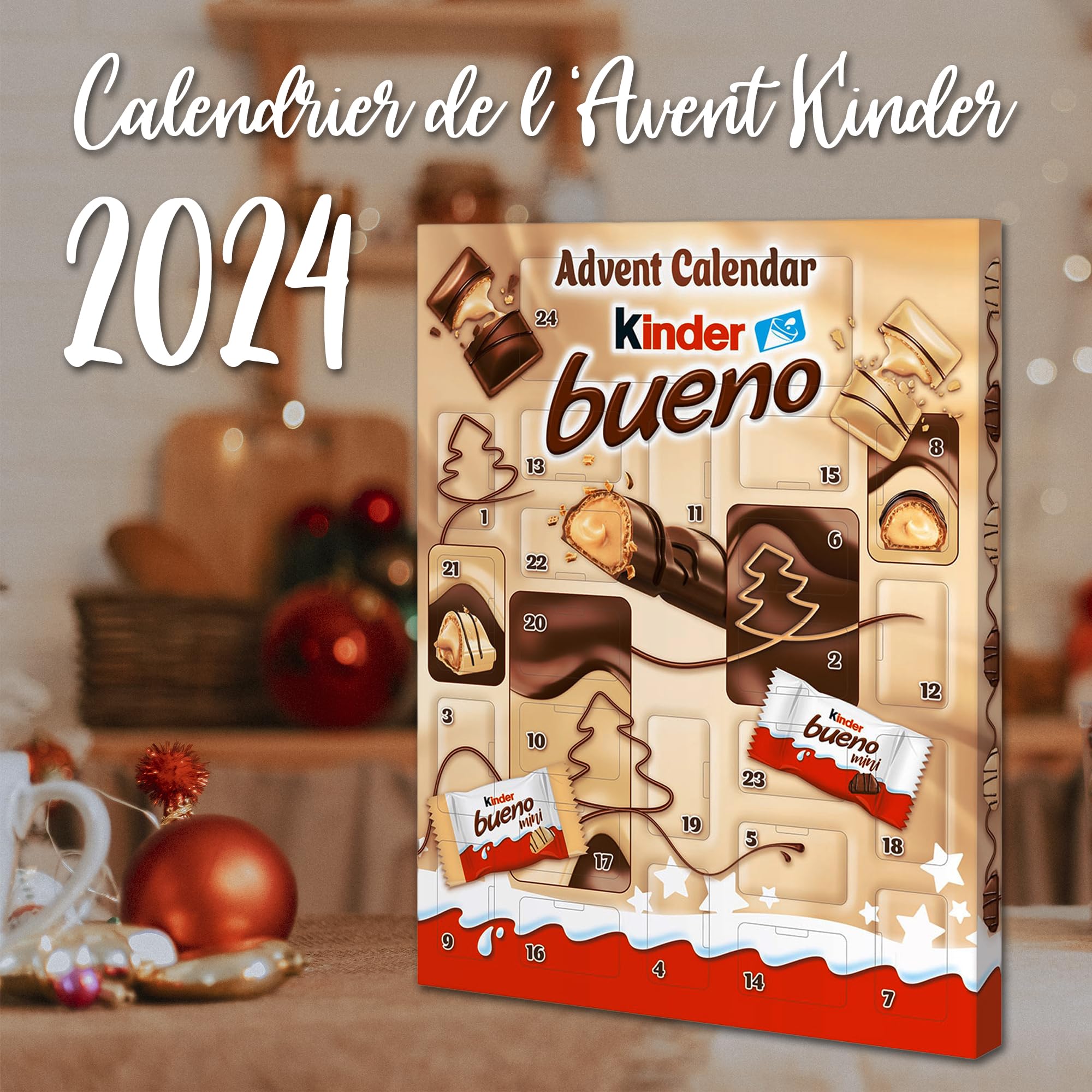 Onza Calendrier de l'Avent Chocolat Kinder Bueno. Cadeau Original pour Noël avec des Chocolats Kinder Bueno et Kinder Bueno Mini. Calendrier de lavent 2024 avec Carte Cadeau de Noël. (167 grammes)
