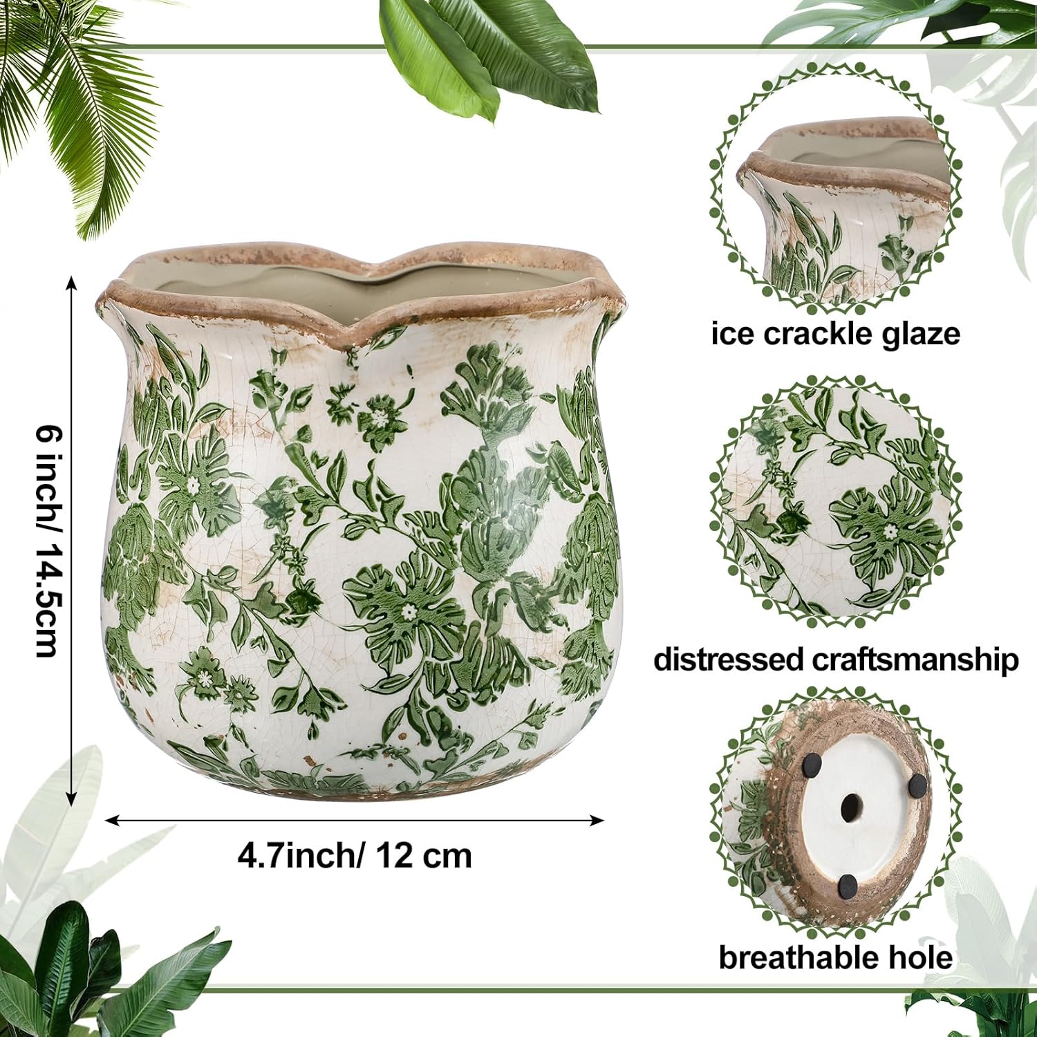2 Pcs Ceramic Planter 6 Inch Green Scroll Planter Decorative Plant Pots with Crackle Glaze for Home Garden Kitchen