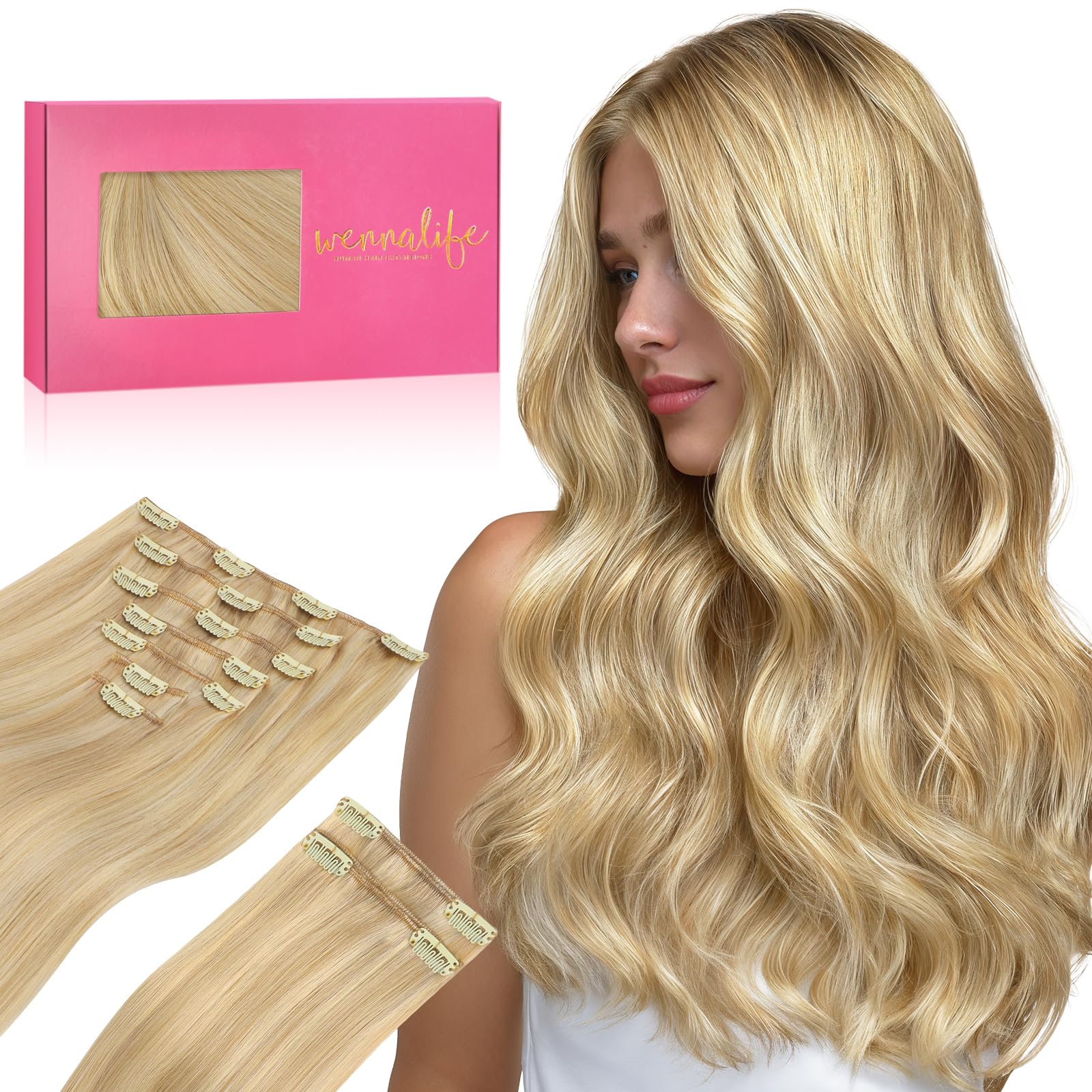 WENNALIFE Clip in Hair Extensions, 150g 14 Inch 9pcs Light Blonde Highlighted Golden Blonde Human Hair Extensions Thicker Real Human Hair Clip Set