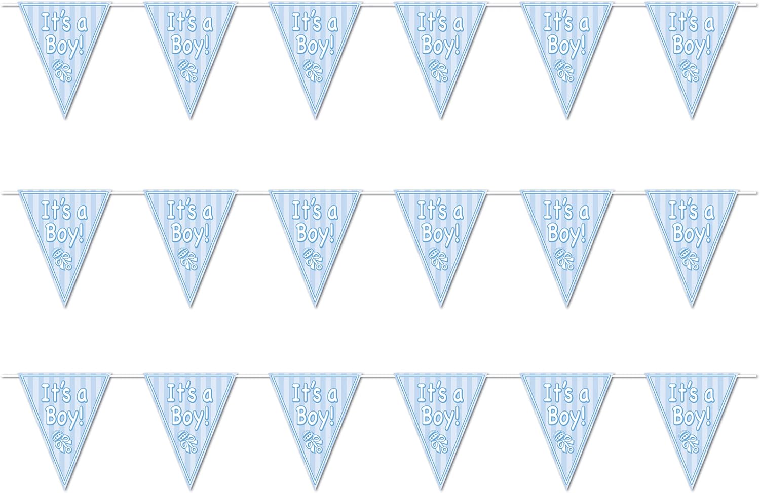 Beistle , 3 Piece It's A Boy! Pennant Banners, 11" x 12' (Light Blue/White)