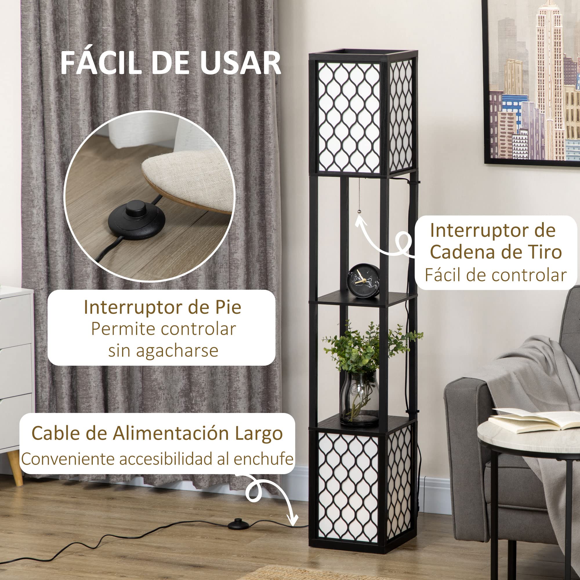 HOMCOM Lámpara de Pie Moderna con Estantes, Lámpara de Pie para Salón Casquillo E27, 40 W, con Pantallas de Tela de Malla e Interruptor de Cadena, para Dormitorio, Oficina y Sala de Estar, Negro