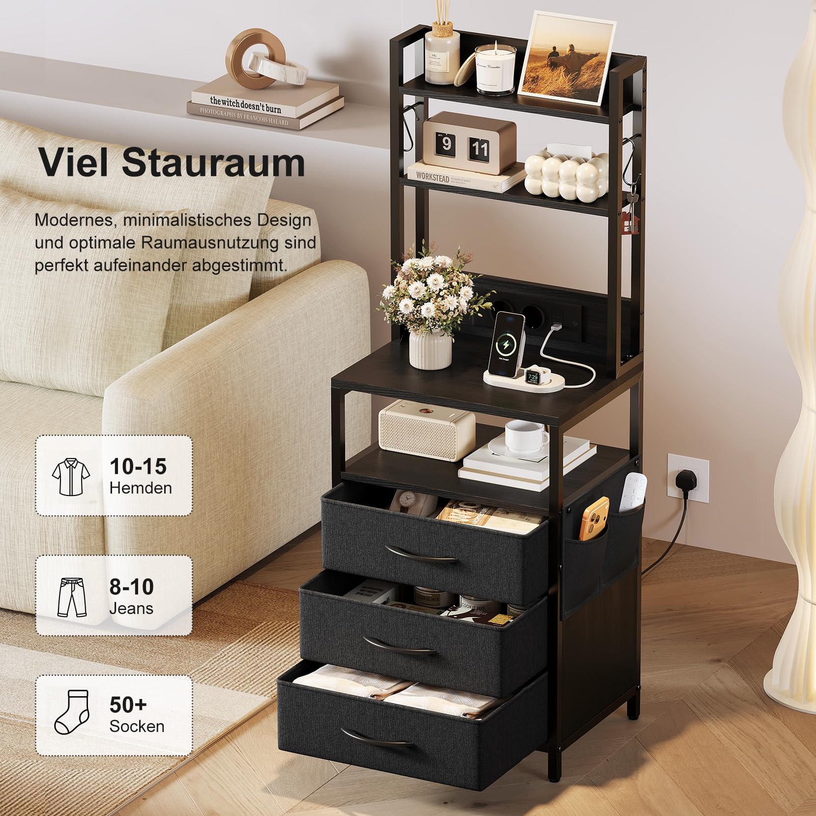 Nachttisch mit Ladefunktion & LED, Beistelltisch mit 3 Stoff-Schubladen, Nachtschrank mit Bücherregal, Offenes Fach, 2 AC, 1 USB & 1 Typ C Anschlüssen, für Schlafzimmer, Wohnzimmer, Büro(Schwarz)