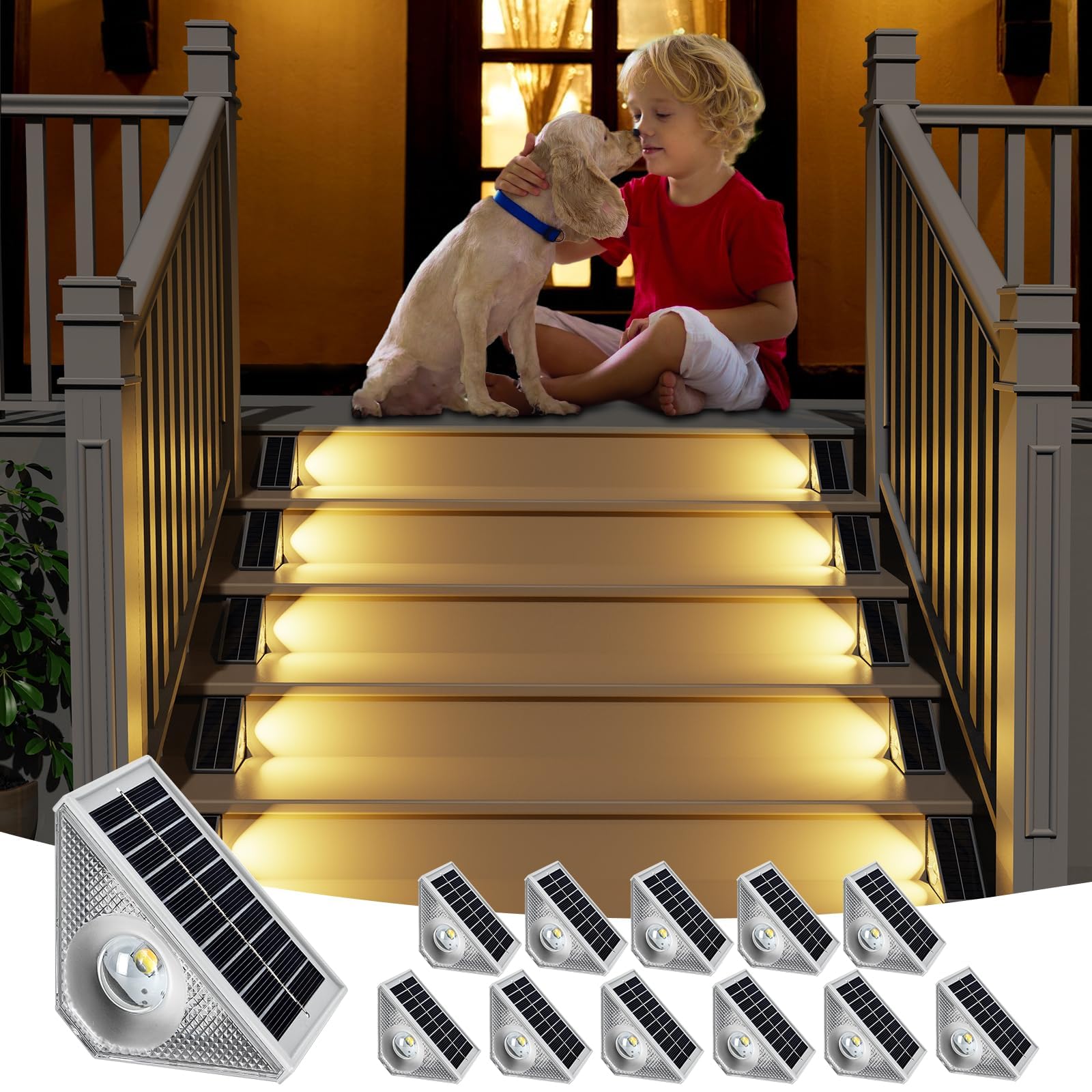 Solar Stair Lights Outdoor Waterproof, 3 in 1 Solar Step Lights for Outside, Dusk to Dawn Step Lights Solar Powered, Solar Lights Outdoor Decor for Stair Step Deck (12)
