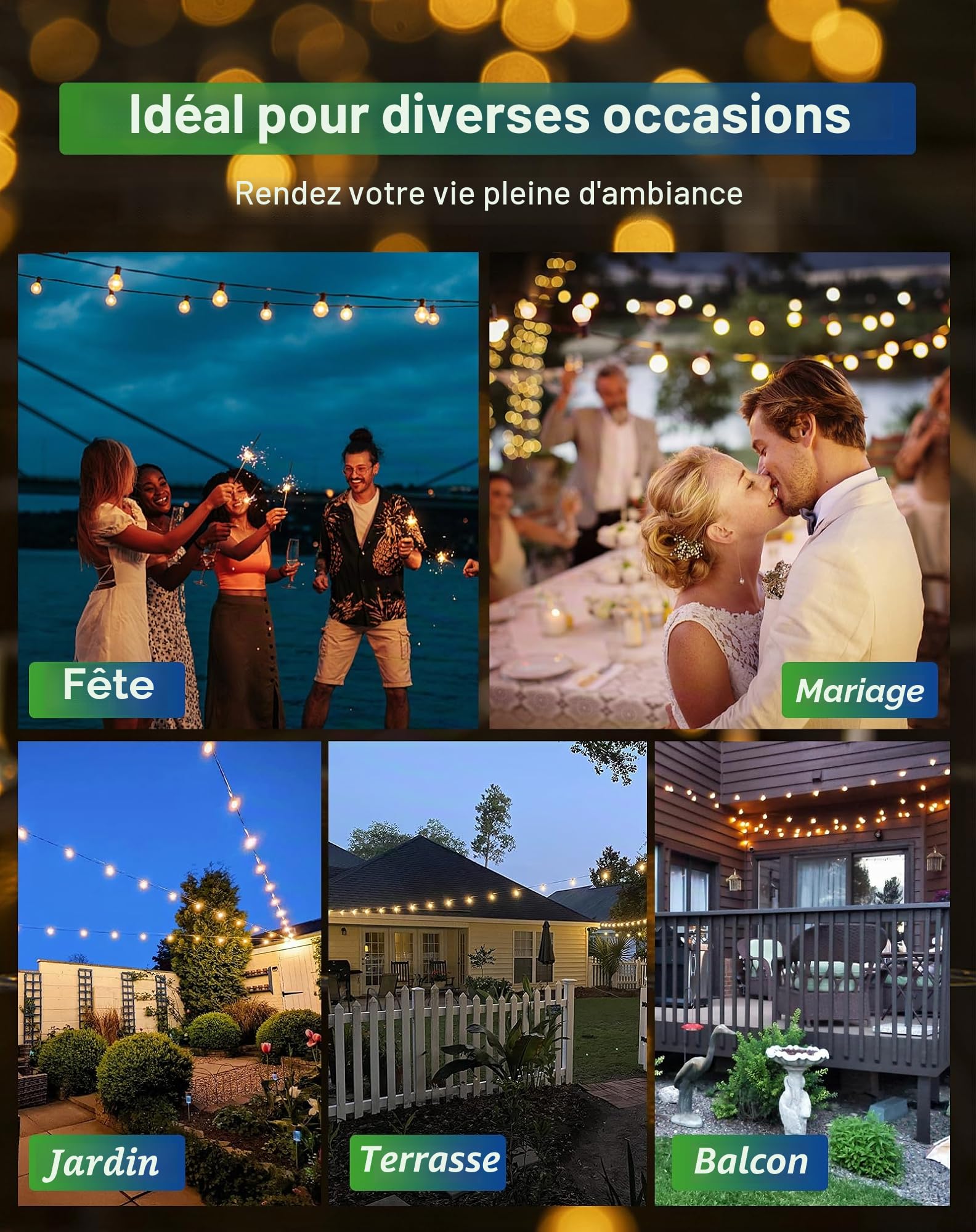 Zuske Guirlande Lumineuse Exterieure Solaire Jardin, 15M Guirlande Guinguette Extérieure, 25+2 ST38 LED Ampoules, IP65 Etanche Guirlande Guinguette Solaire pour Patio, Jardin, Partie - Blanc Chaud