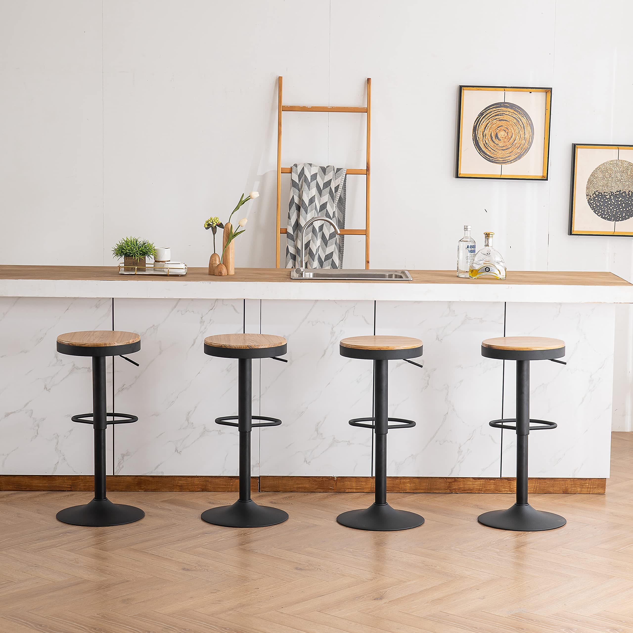 Kidol & Shellder Tabourets de Bar Chaises de Salle à Manger Lot de 2 Noir, Tabouret en Bois Hauteur Réglable à 360°, Tabouret de Bar en Bois et Métal, pour Maison Cuisine Comptoir Bistro