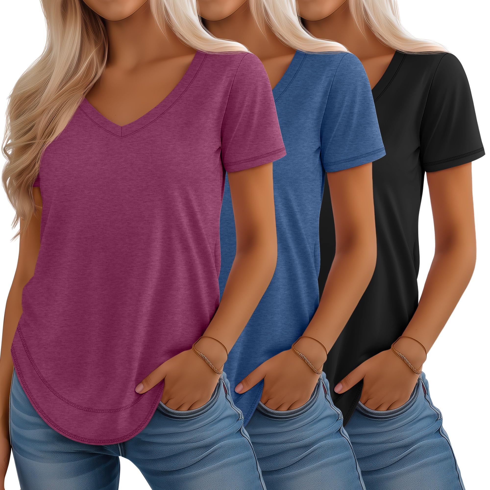 Riyiper 3 Pack Women's V Neck T Shirts Flowy Loose Fit Top Casual Summer Curved Hem Tee