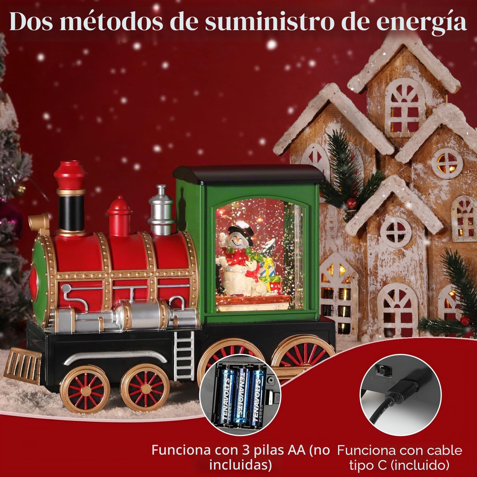 Lewondr Bola de Nieve Musical Navidad, Tren y Muñeco de Nieve Brillo Remolinoso Agua, Globo con Temporizador 6 Horas, Decoración para Navidad Hoildays Año Nuevo