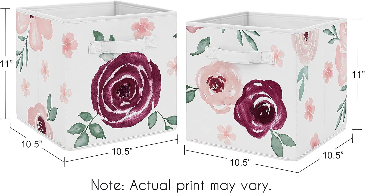 Sweet Jojo Designs Grey Watercolor Floral Foldable Fabric Storage Cube Bins Boxes Organizer Toys Kids Baby Childrens - Set of 2 - Blush Pink Gray and White Shabby Chic Rose Flower Farmhouse