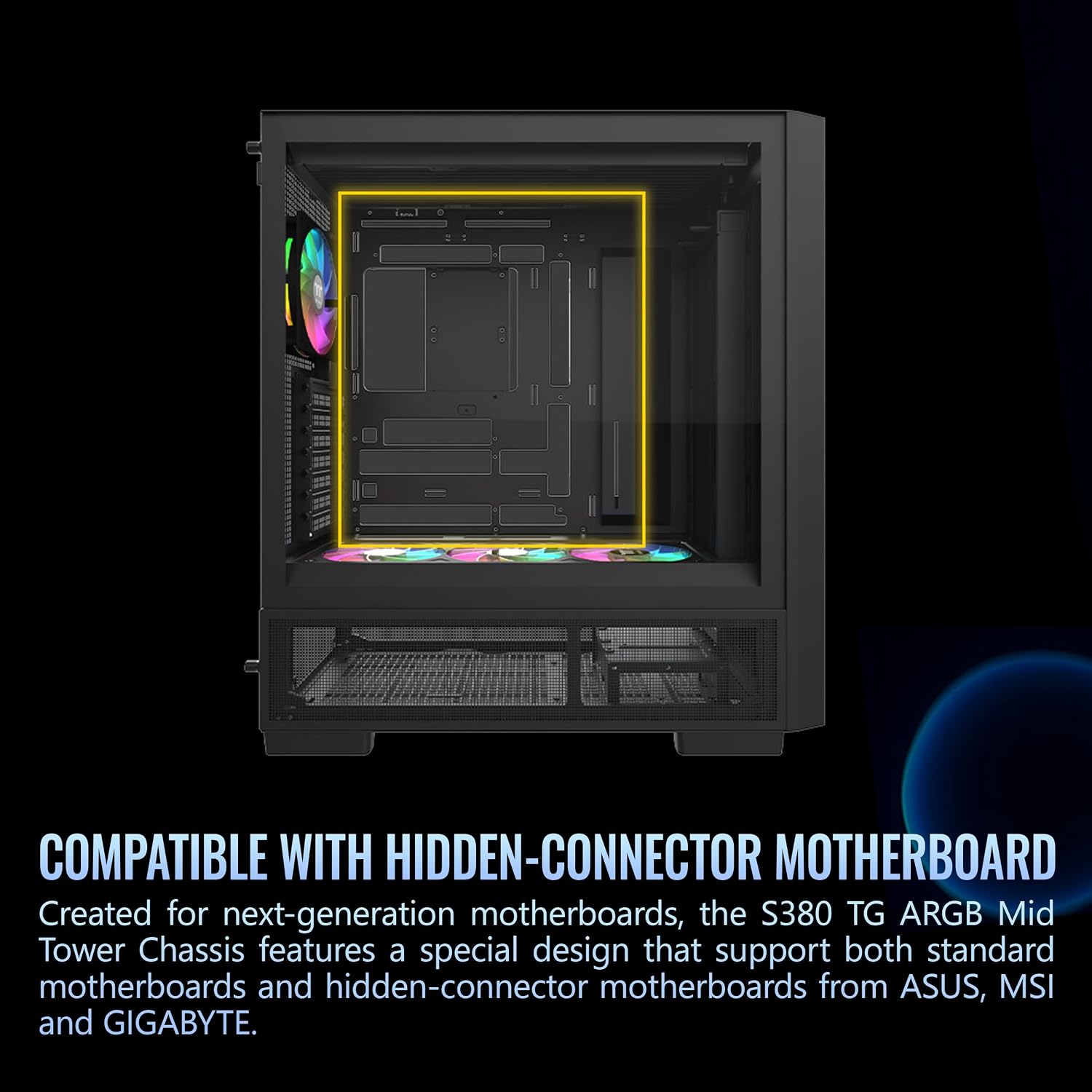 Thermaltake S380 TG ARGB; Mid Tower Chassis; 1x120mm SF120 ARGB & 1x360mm SF360 ARGB PWM Fans Included; 360mm Radiator Support; 400mm GPU Clearance; Hidden Connector Support; Black; CA-11K-00M1WN-00