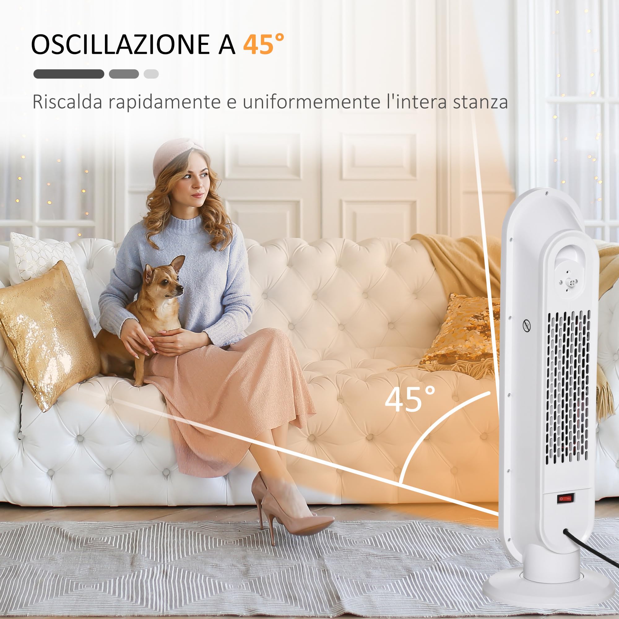 HOMCOM Stufa Elettrica Oscillante con Timer 21x21x63.5 cm Bianco e Nero | Con Telecomando, 2 Modalità, Stufetta Elettrica Basso Consumo in PTC, Protezione da Surriscaldamento e Antiribaltamento