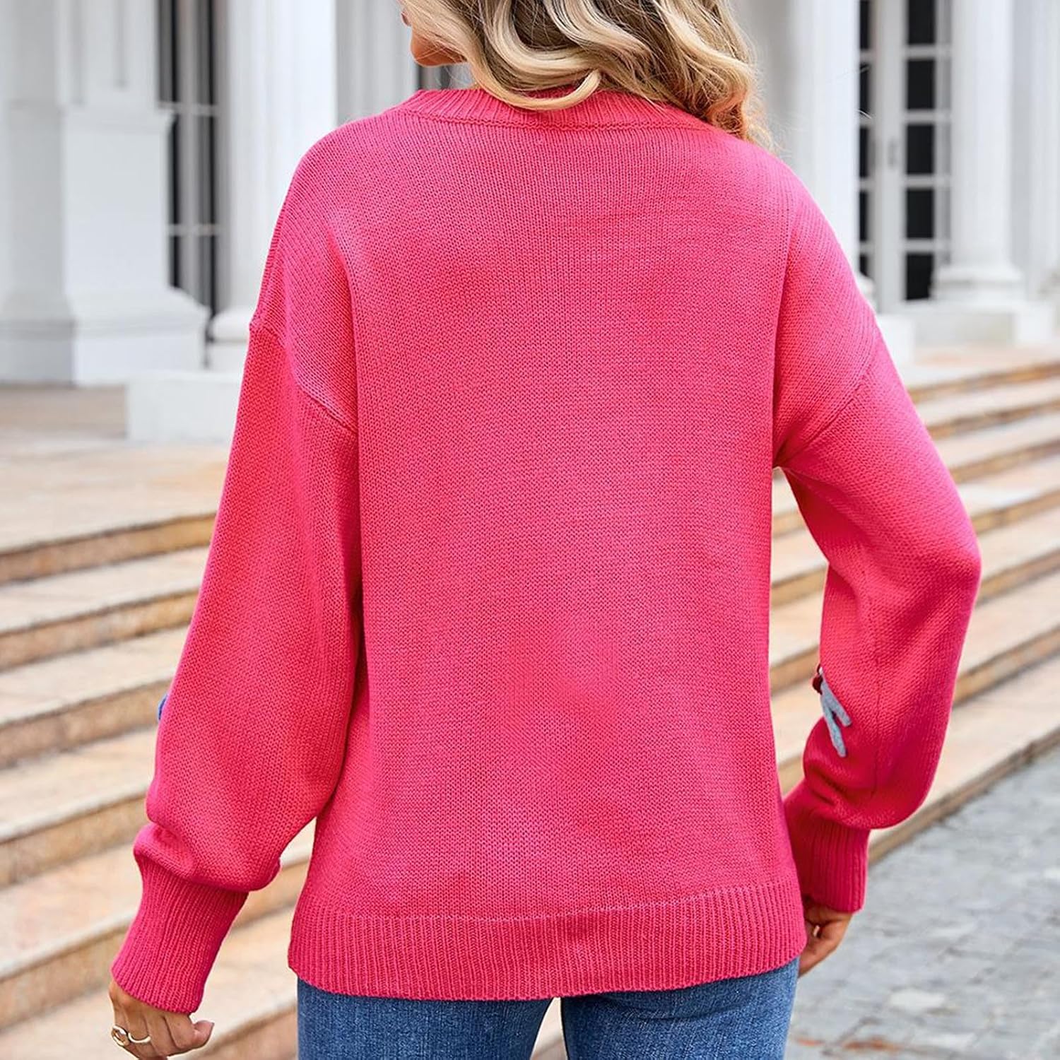 Women Flower Knitted Sweater Elegant Crew Neck Fall Long Sleeve Sweater Loose Soft Cmfy Cute Pullover Tops