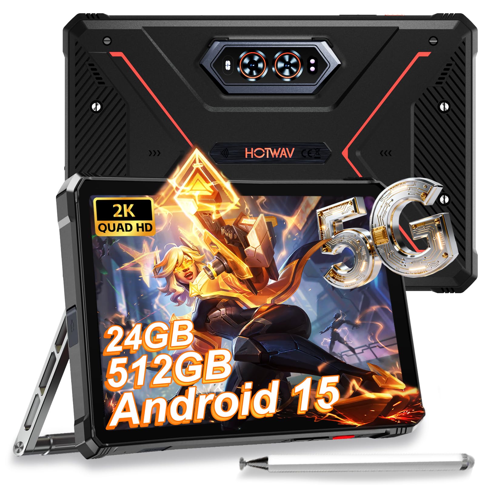 HOTWAV R9 Ultra 5G Tablette Incassable, 24Go + 512Go/TF 2To Android 15 | Tablette Écran 11" 2K FHD+ Tablette avec Stylet, 20080mAh, 64MP+16MP, Dual SIM/WLAN 5/Octa Core/Gemin AI/IP68&IP69K/OTG