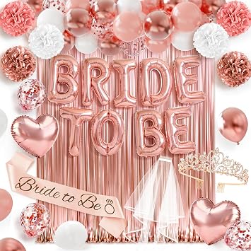 Bachelorette Party Decorations, 44Pcs Rose Gold Bridal Shower Decorations Include Bride to be Balloons Sash Veil Crown and Heart Balloon Fringe Curtain for Bachelorette Engagement Wedding Decoration