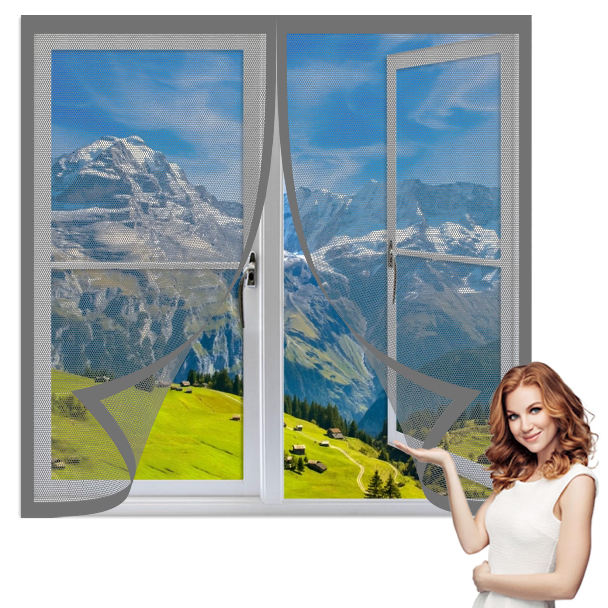 Ztaopsh Grey Magnetic Fly Screen Window 110 X 175 Cm With Selfadhesive Window Nets Insects Excellent Ventilation While Blocking Bugs For Windows Doors And Patio Screens,
