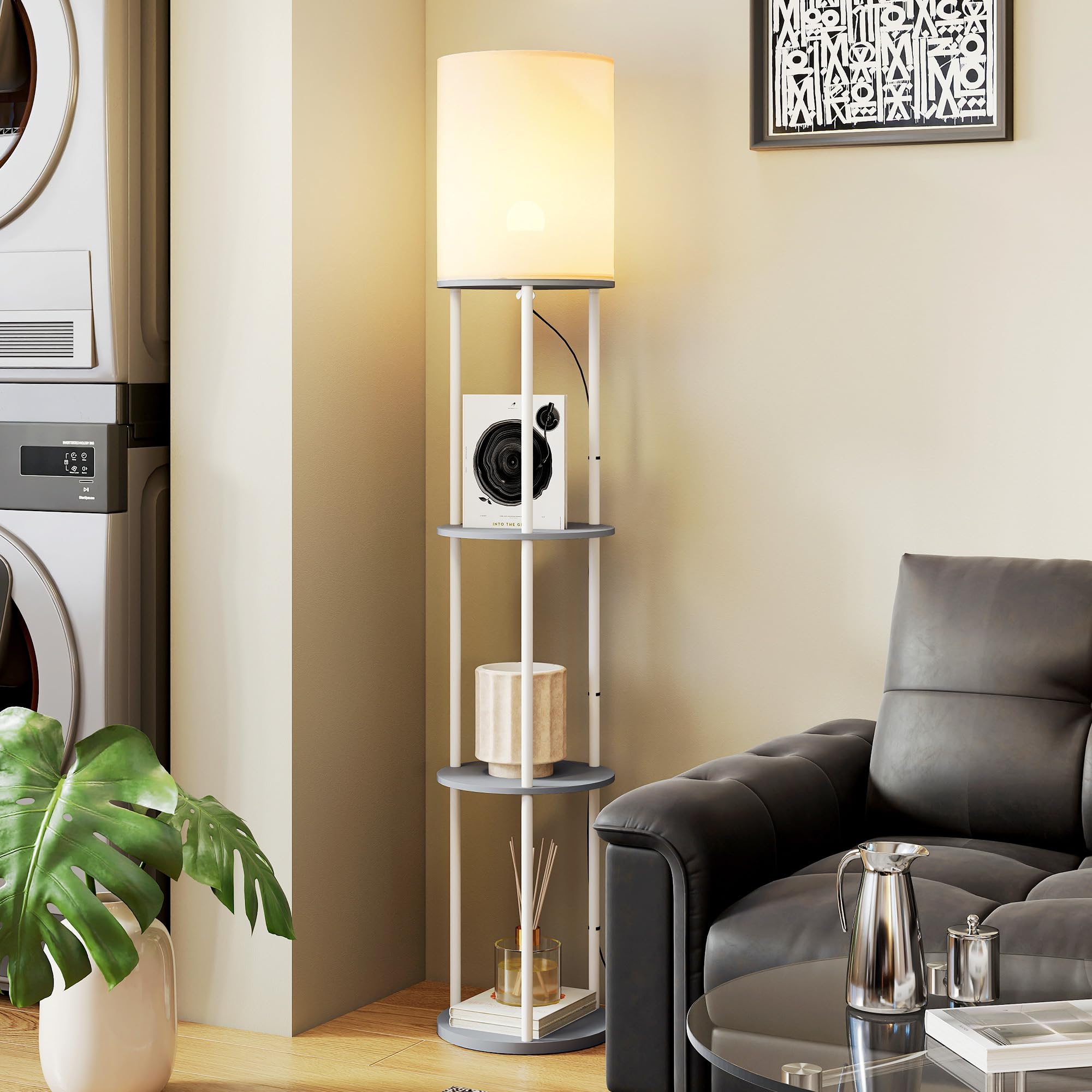 HOMCOM Lámpara de Pie con Estantes, Lámpara con 3 Temperaturas de Color, Control Remoto, para Salón, Dormitorio, Oficina, Gris