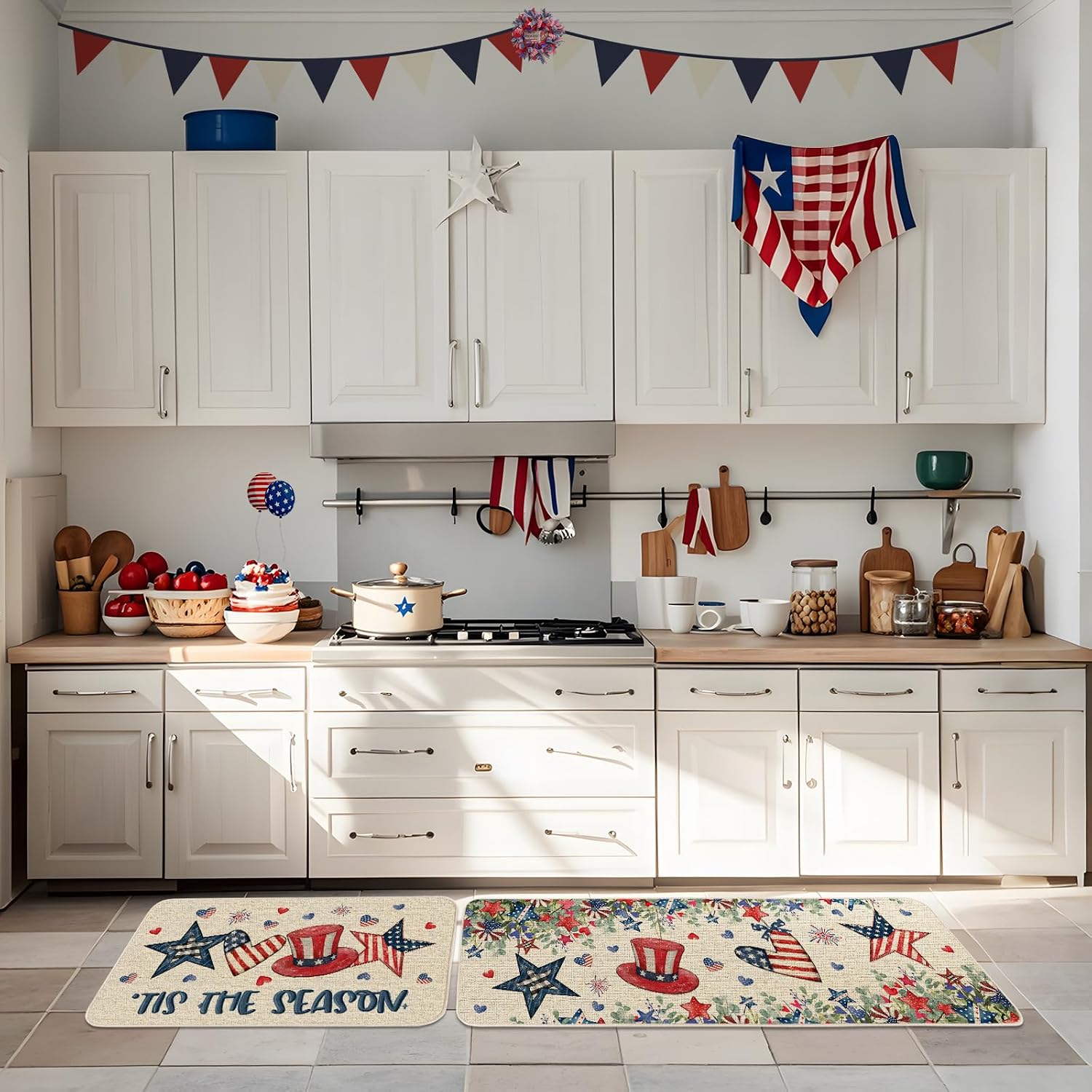Moutina Tis The Season Patriotic 4th of July Kitchen Rugs Set of 2, Independence Day Memorial Day Home Decor Low-Profile Kitchen Mats for Floor - 17x29 and 17x47 Inch