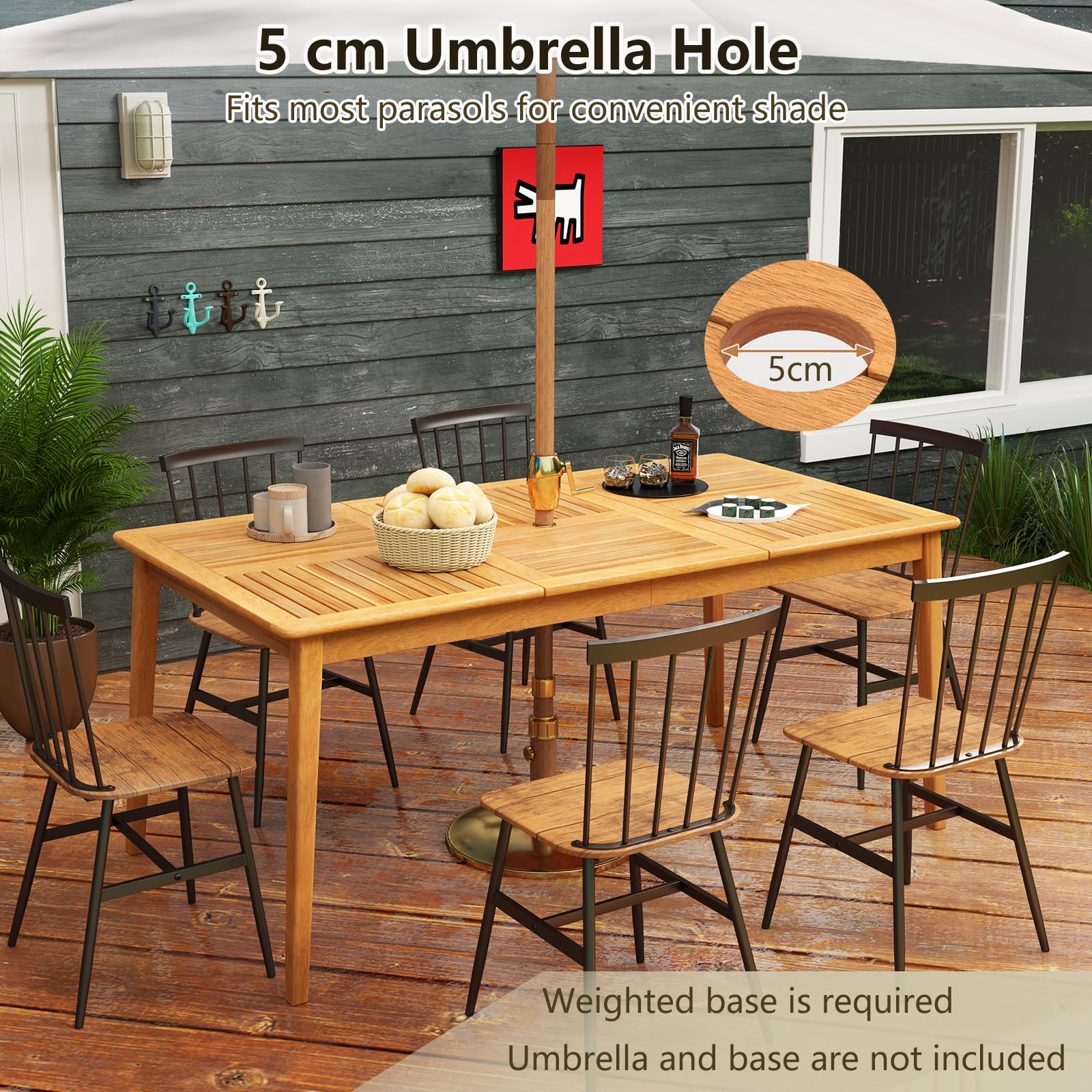 GIANTEX Tavolo da pranzo da giardino con foro per ombrellone, Ø 5 cm, tavolo da esterno rettangolare in legno di acacia per 6 persone, per terrazza, patio, 170 x 90 x 75,5 cm