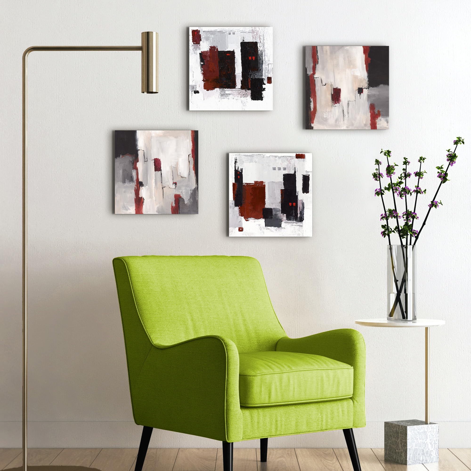 ARTLAND Wanddeko Leinwand Bilder auf Holz Wandbild Bild Set 4 teilig je 40x40 cm Abstrakte Kunst Malerei Modern Abstrakt Art Skandinavisch Rot Grau U1OD