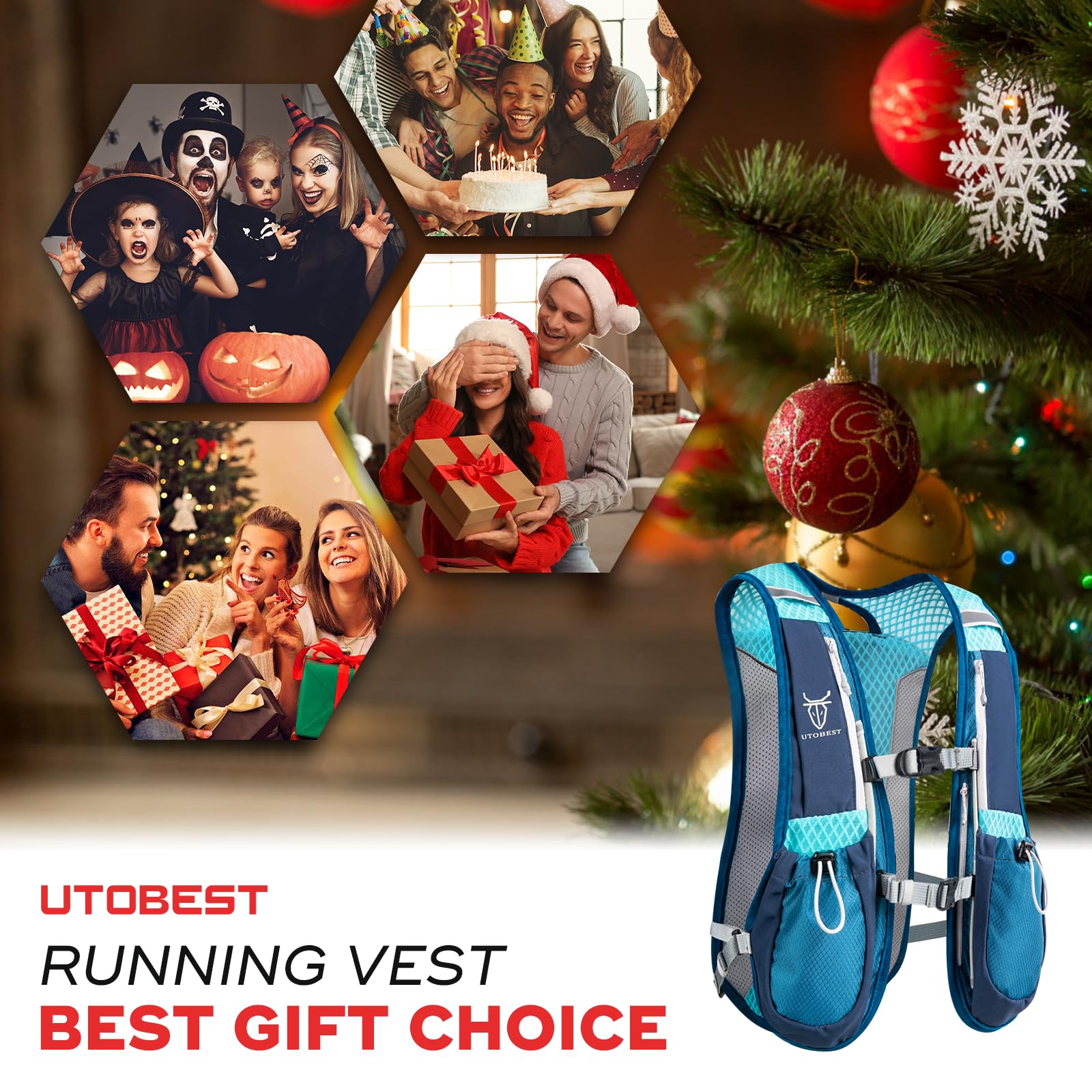 UTOBEST Gilet Course, Sac hydratation Leger avec 2*350ml flasque,Bleu | 7 poches, grand support telephone, ajustement confortable, sans rebond, OSFM, mixte, trail, park run, marathon