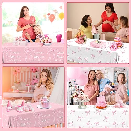 Miniatura 5 de 2 manteles con texto en inglés "A Sweet Little Girl is on Her Way", decoración de baby shower, lazo coqueta, cubierta de plástico para mesa de