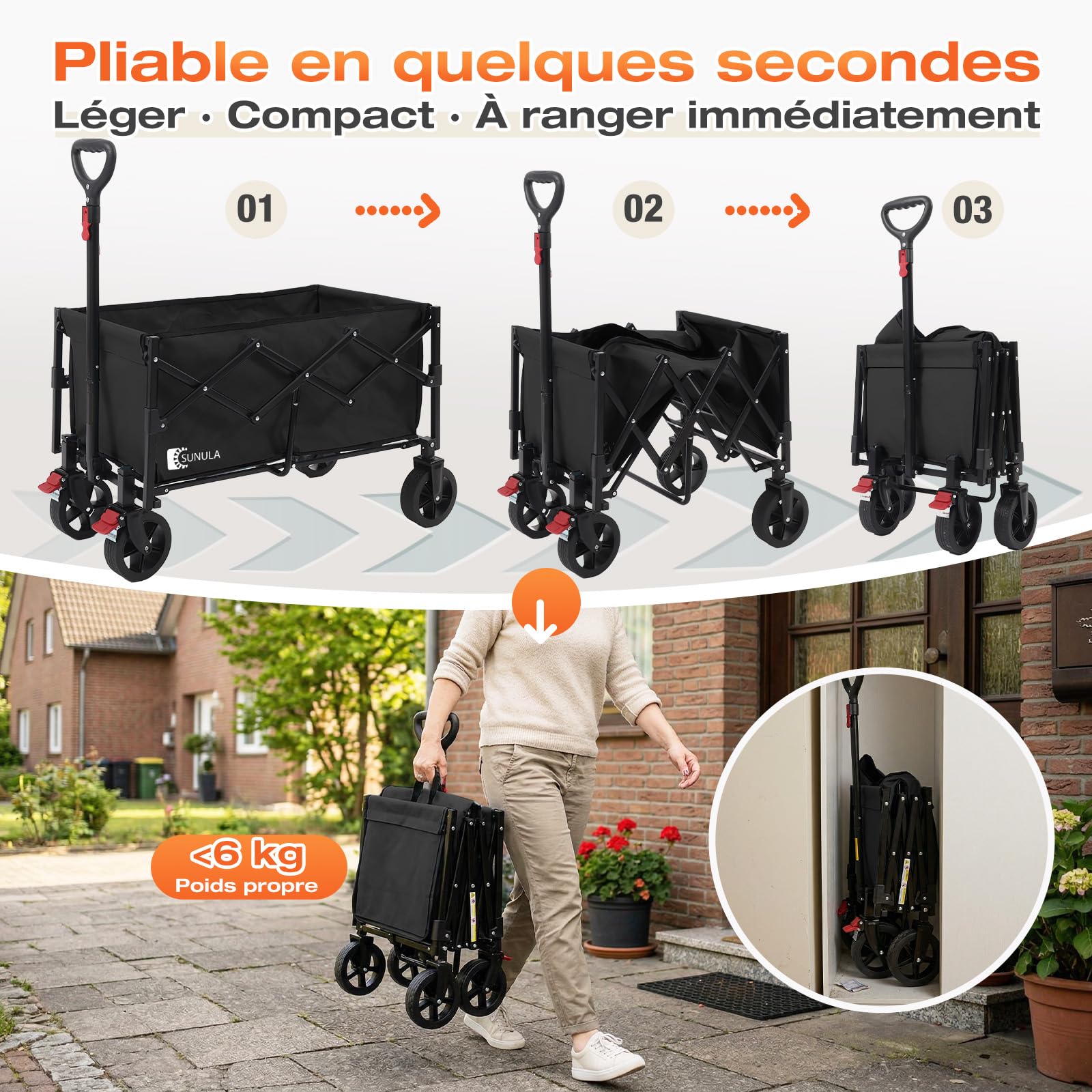 SUNULA Chariot Pliable Petit 80L 100KG Pliable avec Poids réduit, Chariot Tout-Terrain avec Freins, Noir