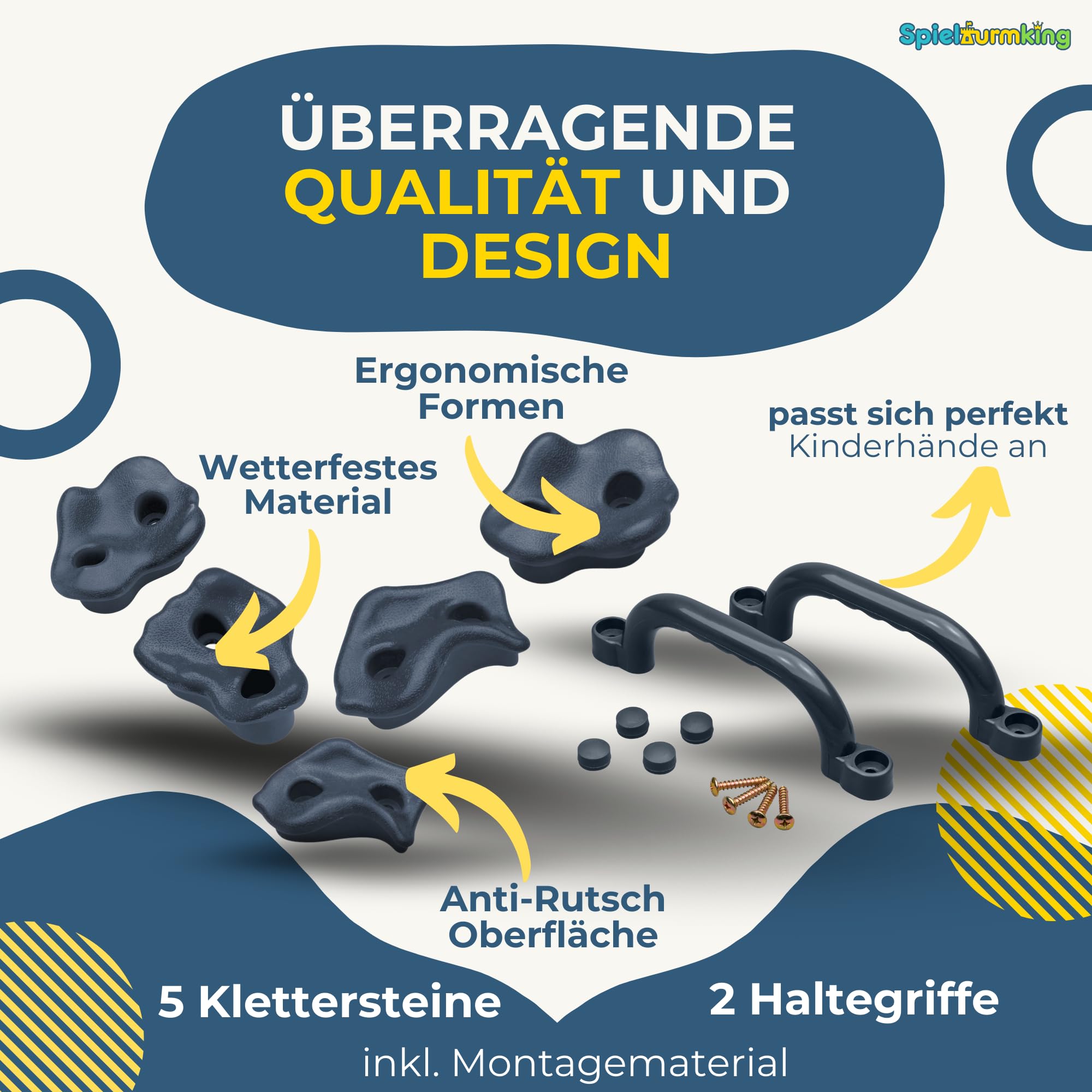 Klettergriffe Kinder Set: 5 Klettersteine Kinder in Grau | 2 Haltegriffe, Kletterwand Zubehör, Klettersteine Grau für Indoor & Outdoor Kletterspaß & Spielturm Zubehör