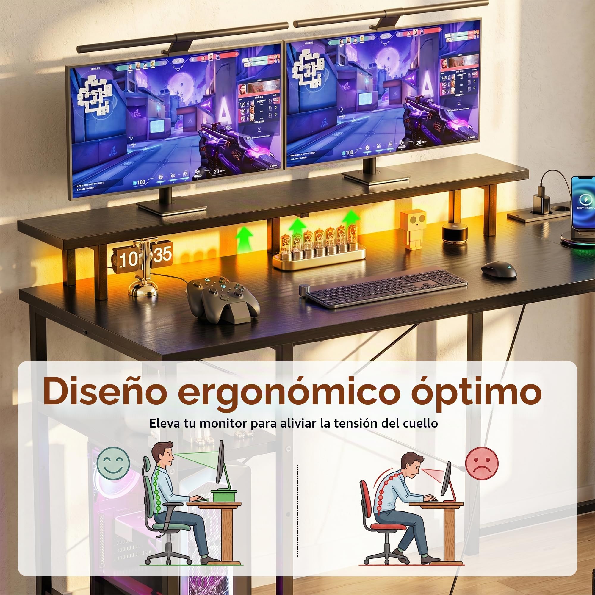 YOUDENOVA Escritorio con 4 Cajones, 142x107cm, Escritorio Esquinero Reversible con LED y Enchufe, Escritorio Gaming en L con Soporte para Monitor, Mesa Escritorio para Home Office y Gamer, Negro