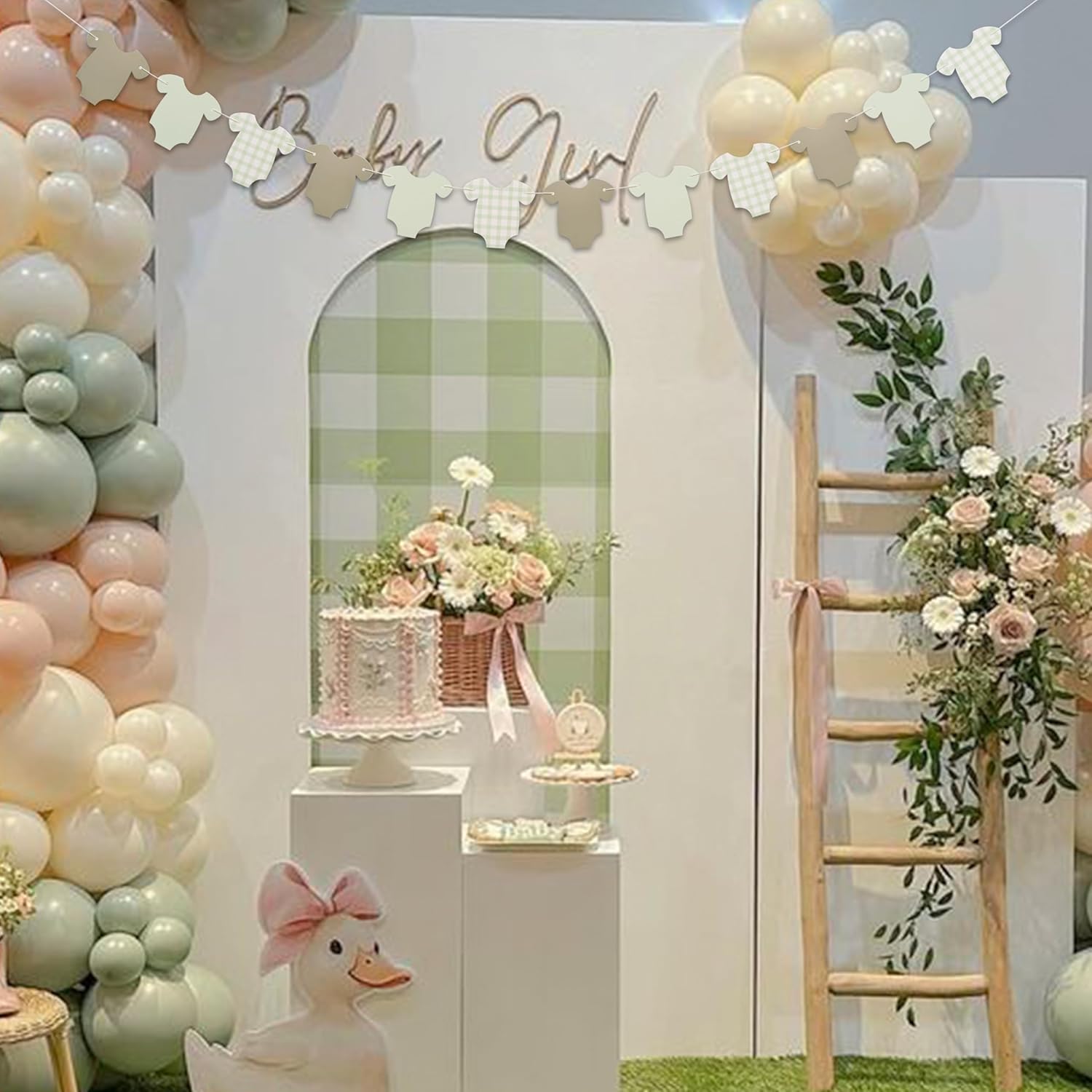 Green Gingham Baby Clothes Banner - Short Sleeve Onesies Bodysuits For Baby Shower,Bodysuits Clothesline Birthday Party Banner,Gender Reveal Neutral Party Supplies