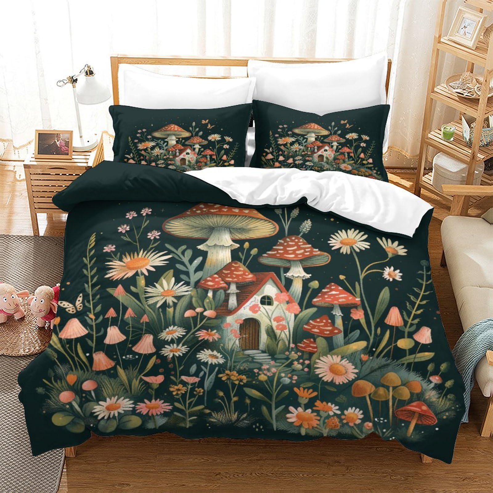 P1S9U7W5Y Enchanted Forest 3D Printed Mushroom Fairy Duvet Cover Set 3pcs Microfiber Floral Bedding Set Double