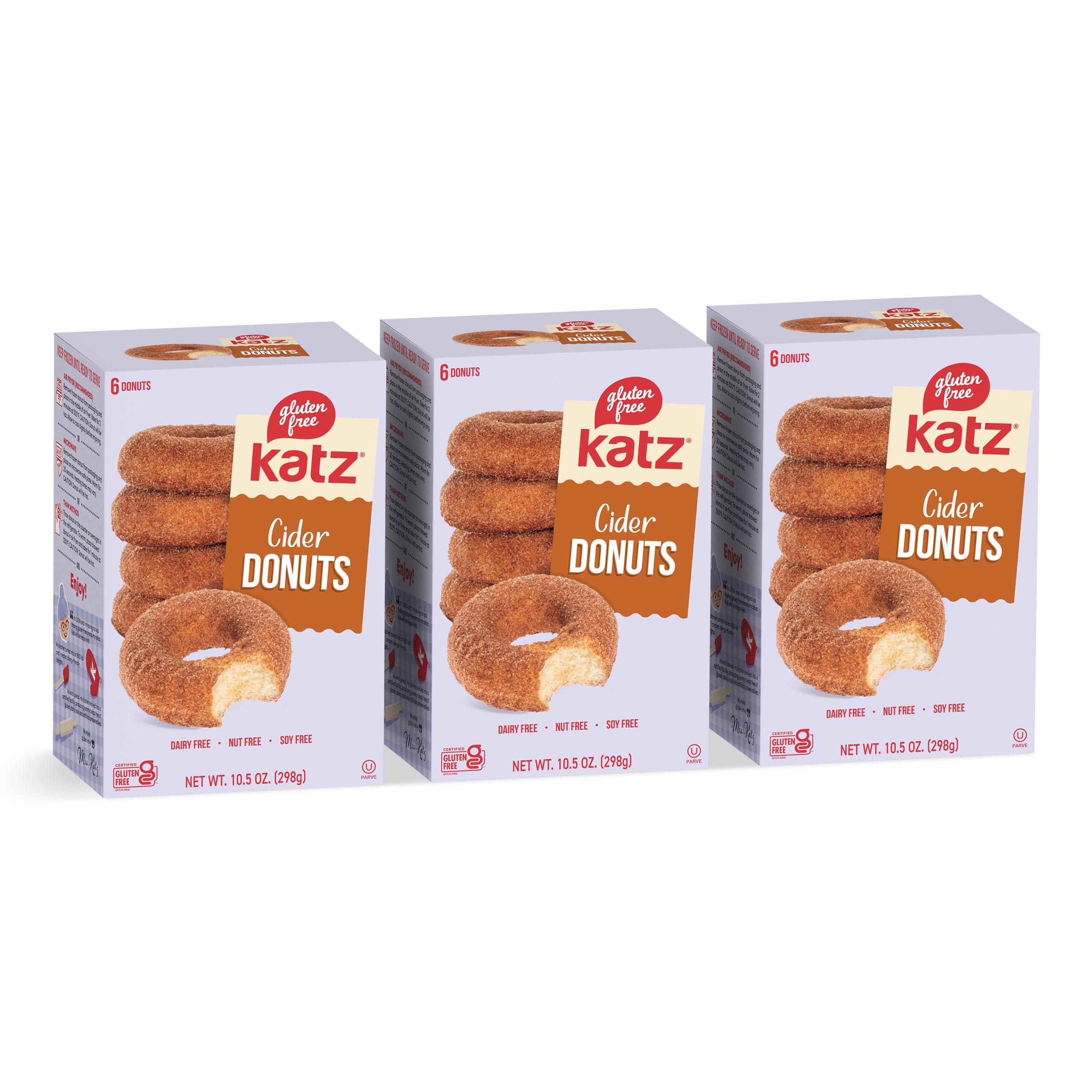 Katz Gluten Free Cider Donuts. Seasonal Donut with a Sweet Apple Cider Taste. Coated with Cinnamon Sugar. Free of Dairy, Soy, and Nut. Kosher 10.5oz (