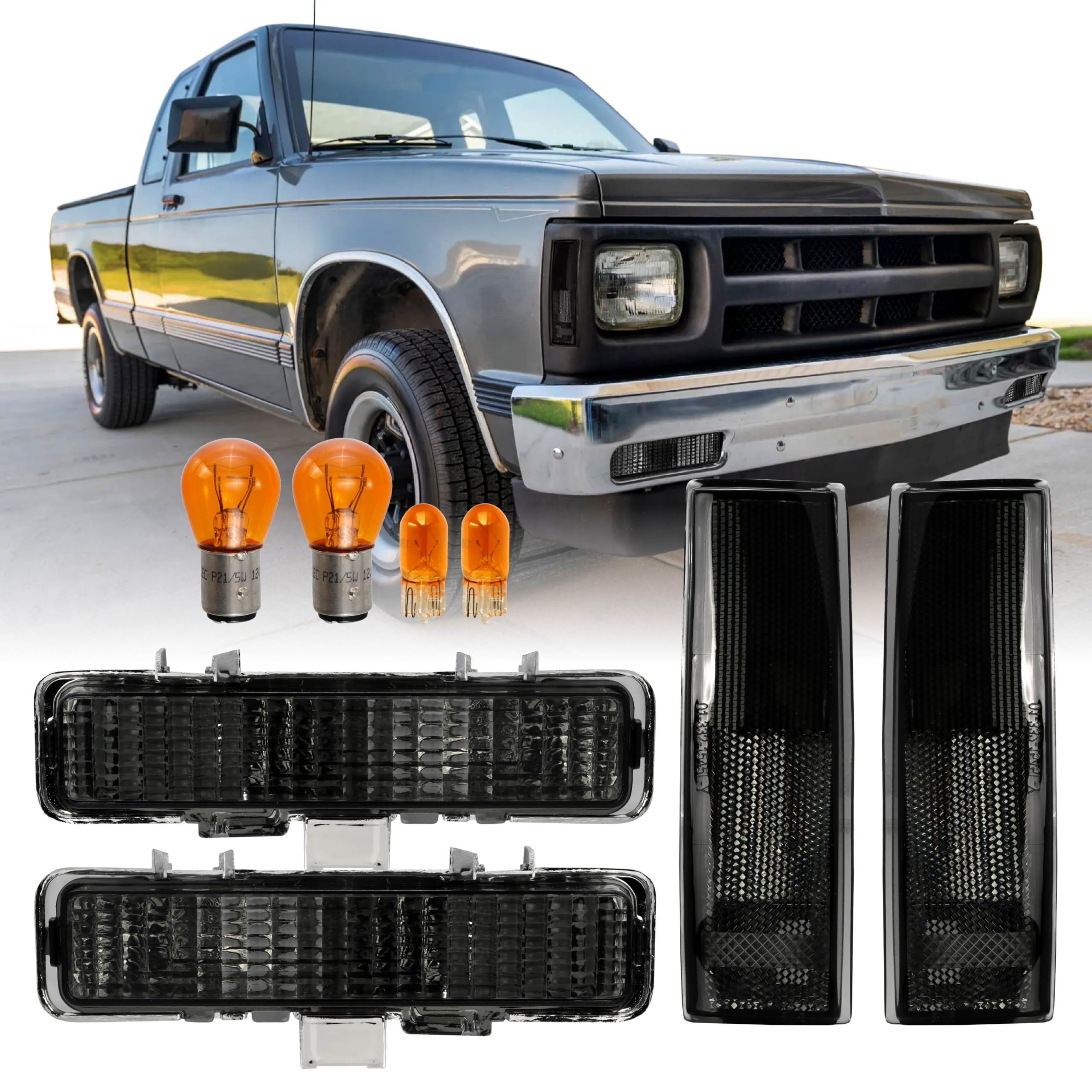 USR 82-93 S10 Bumper & Side Corner Light– Turn Signal/Parking Lamps (Left + Right) 4pc Set - Compatible with 1982-1993 Chevy S10 PickUp/Blazer SUV/GMC S15 / Jimmy (SMOKE LENS with AMBER BULBS)
