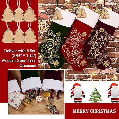 Miniatura 3 de Flycalf Medias de Navidad de terciopelo, paquete de 6 unidades, grandes de 19 pulgadas con lazo para colgar, bordado, clásico, de lujo, adorno