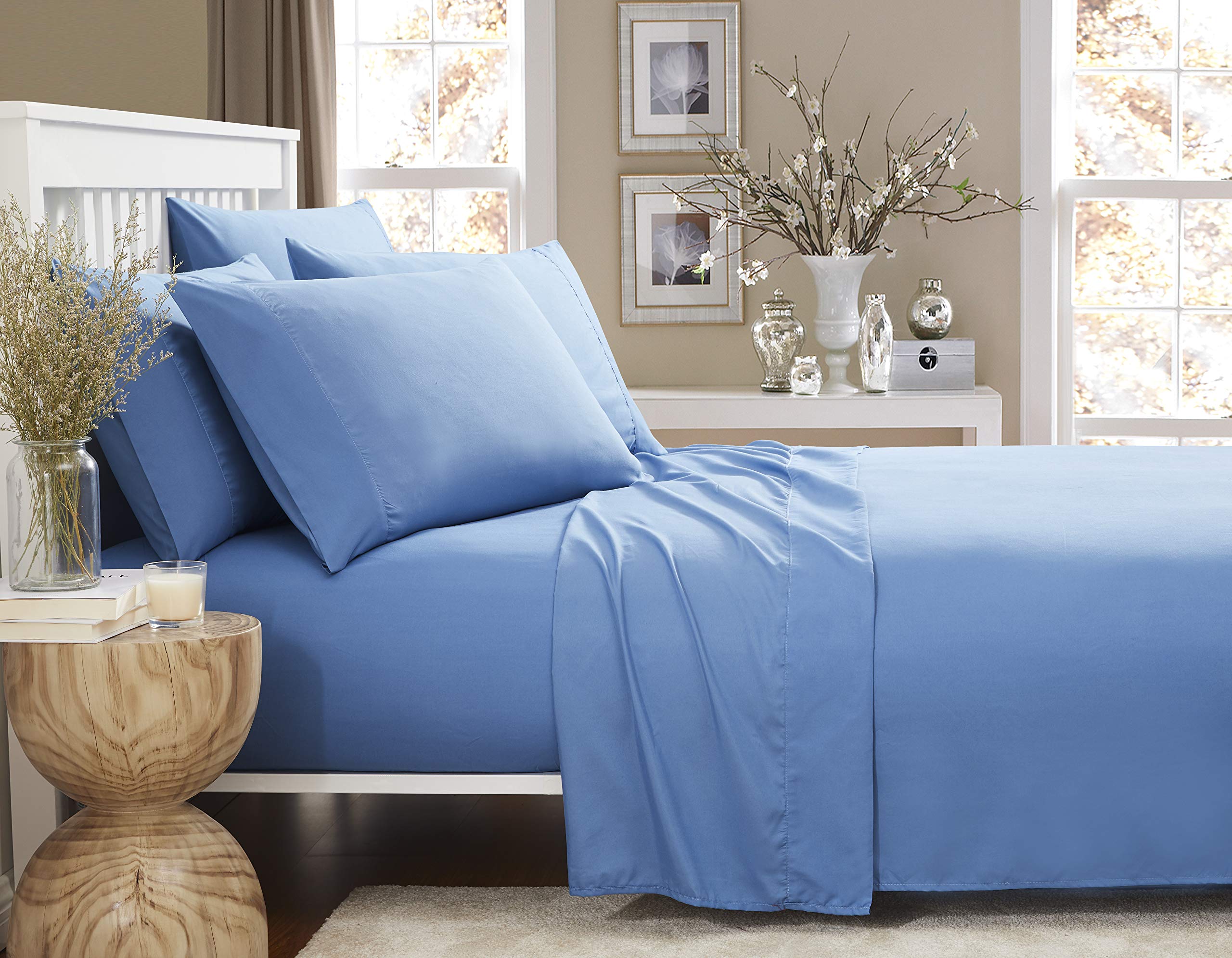 Home Design | Solid Collection| Bed Sheet Set- Ultra Soft, Lightweight & Wrinkle Resistant Fabrics, Hypoallergenic Double Brushed Microfiber (Cornett Blue, Twin)