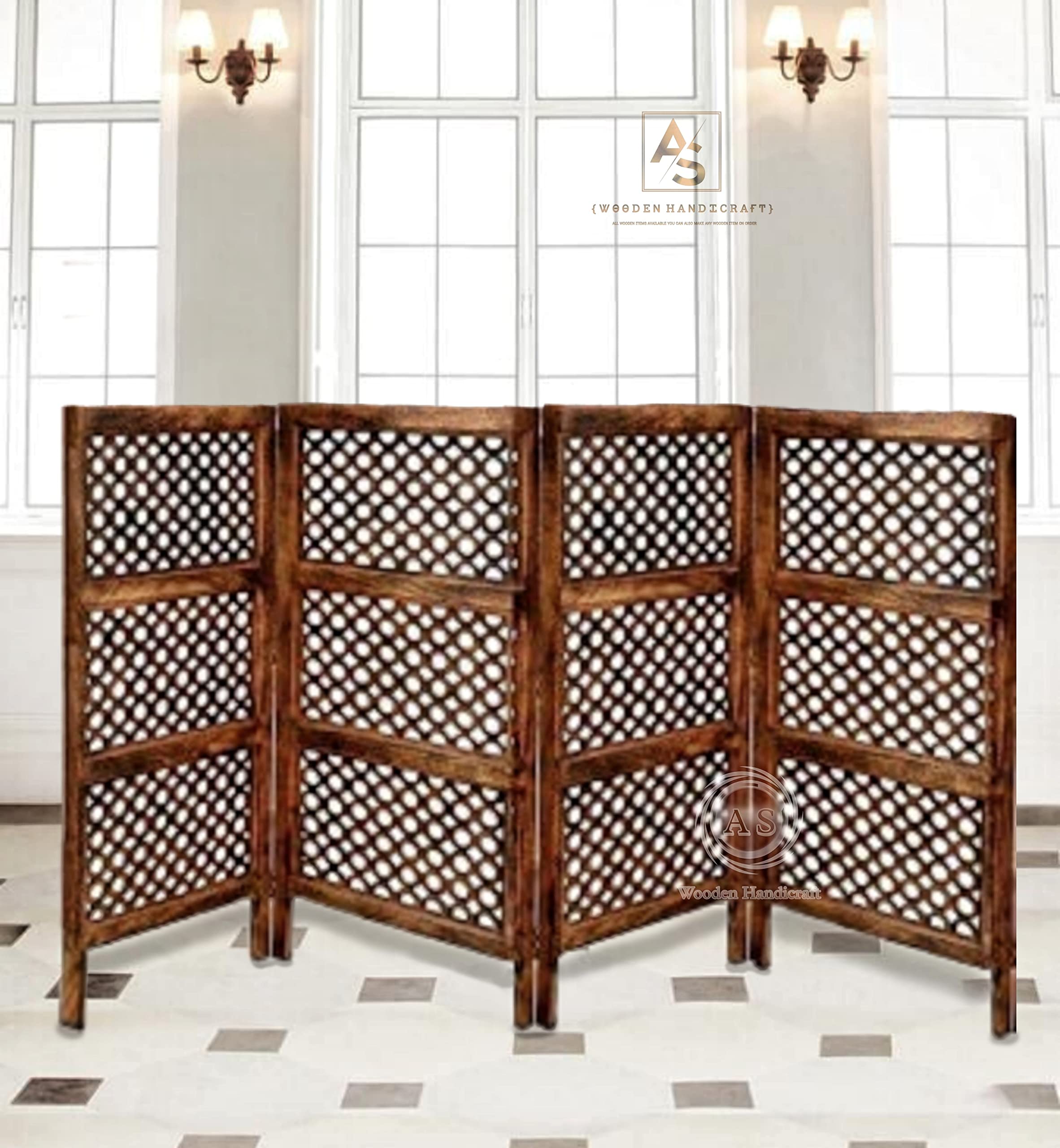 Wooden Partition for Living Rooms Wall Dividers, Screen Separator Wall Divider for Hall Wall Panels for Living Room/Bedroom/Office/Restaurant Hole Design 4 Feet (Brown) (4 Panel)-image-4