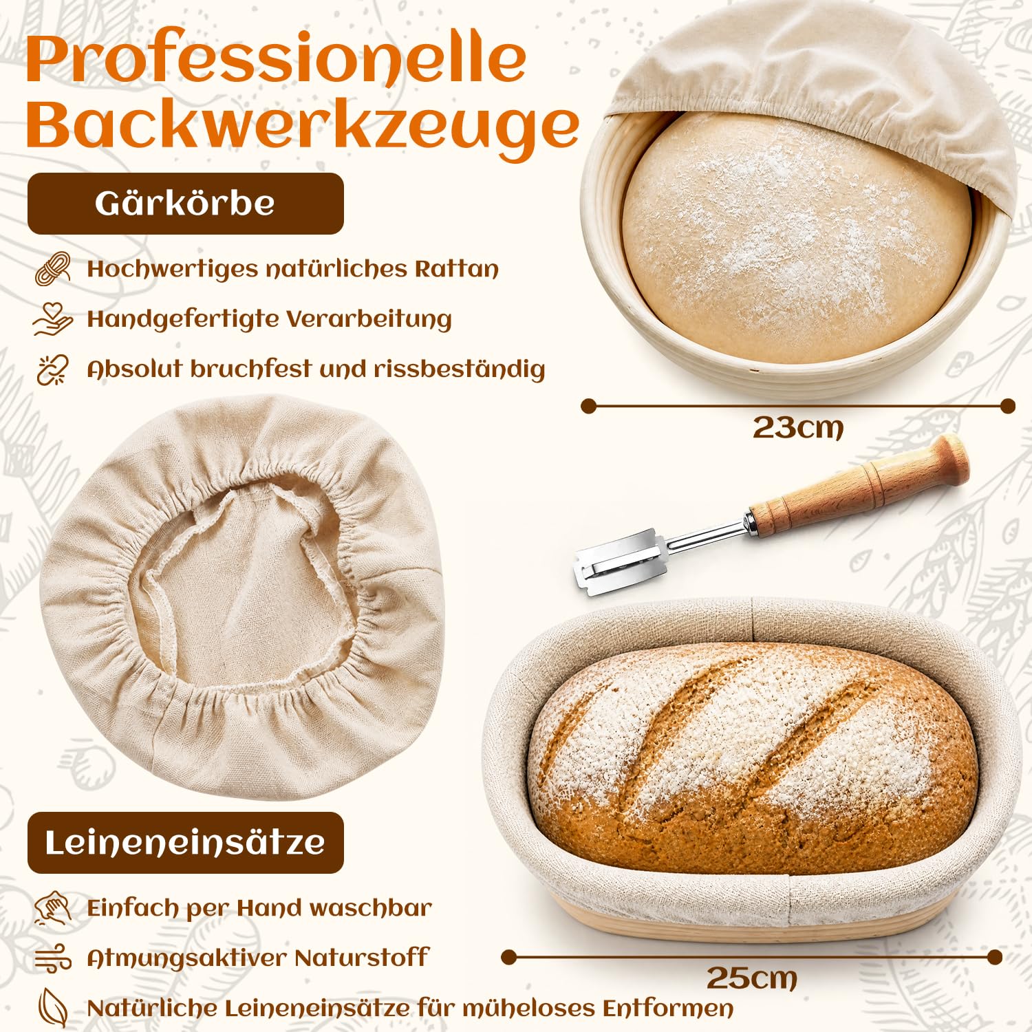 Gärkörbchen Sauerteig Starter Set, 2 Rattan Gärkörbchen (25cm Ovale & 23cm Runde), Sauerteig Glas, Komplett Brot Backen Zubehör Set, Geschenk für Anfänger & Fortgeschrittene Bäcker