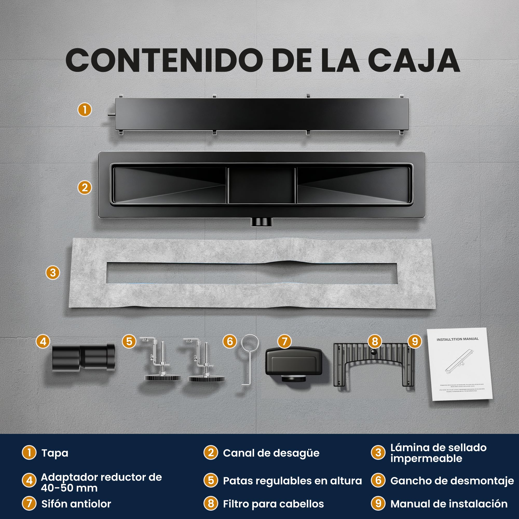 Canaleta de Ducha Negro 70 cm | Enlosable con Sifón Sin Olores, Filtro de Cabello y Diseño Sin Umbral para Ducha a Ras, Acero Inoxidable AISI 304