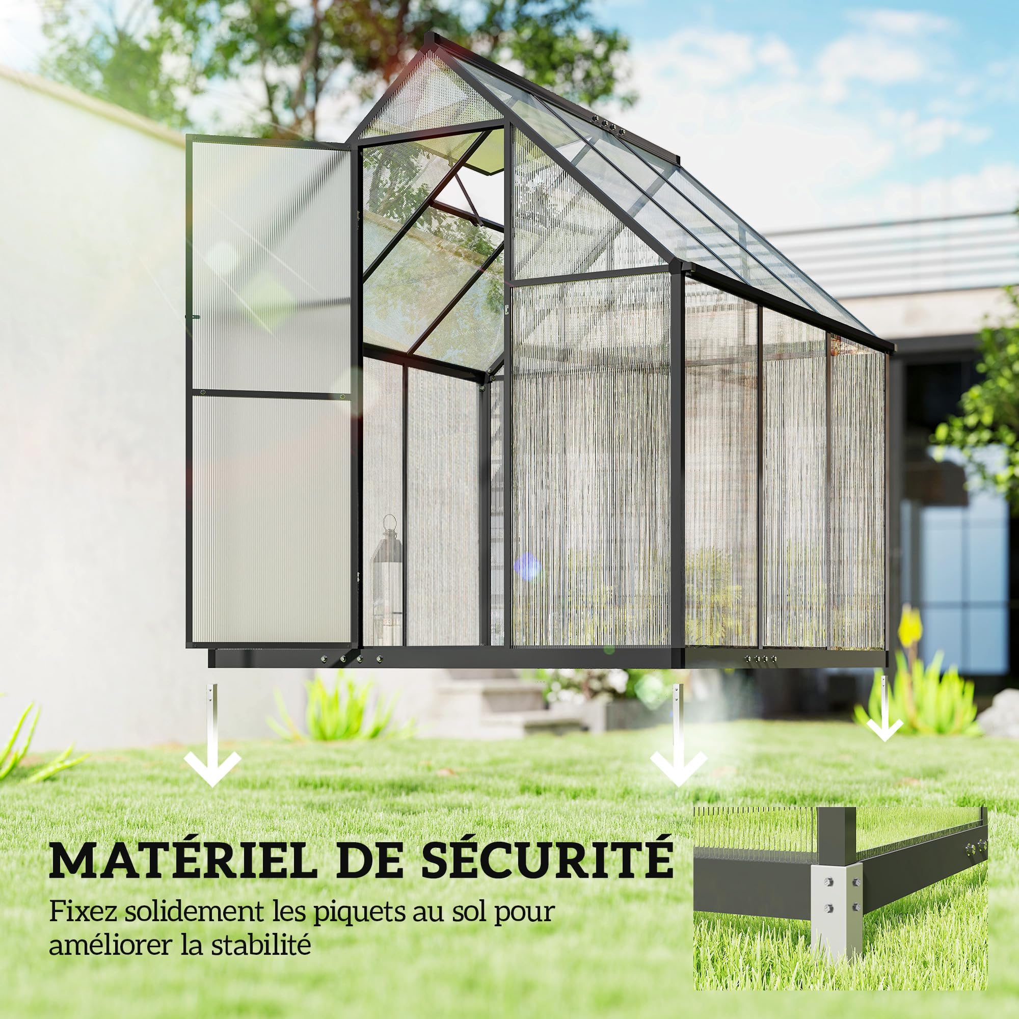 Outsunny Serre de Jardin en Aluminium Polycarbonate 3 ㎡ 178x168cm, Serre avec fenêtre réglable Porte battante, abri extérieur résistant aux intempéries pour Plante Fleur Potager semis, Transparent