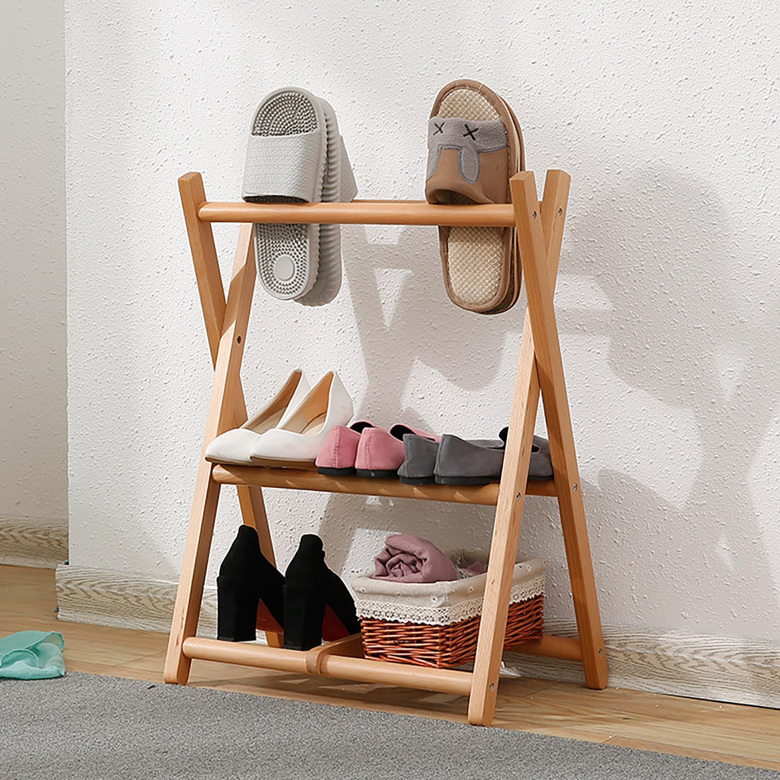 INTCHE Japanese-Style Shoe Rack，Fold Shoe Shelf，Solid Wood Shoe