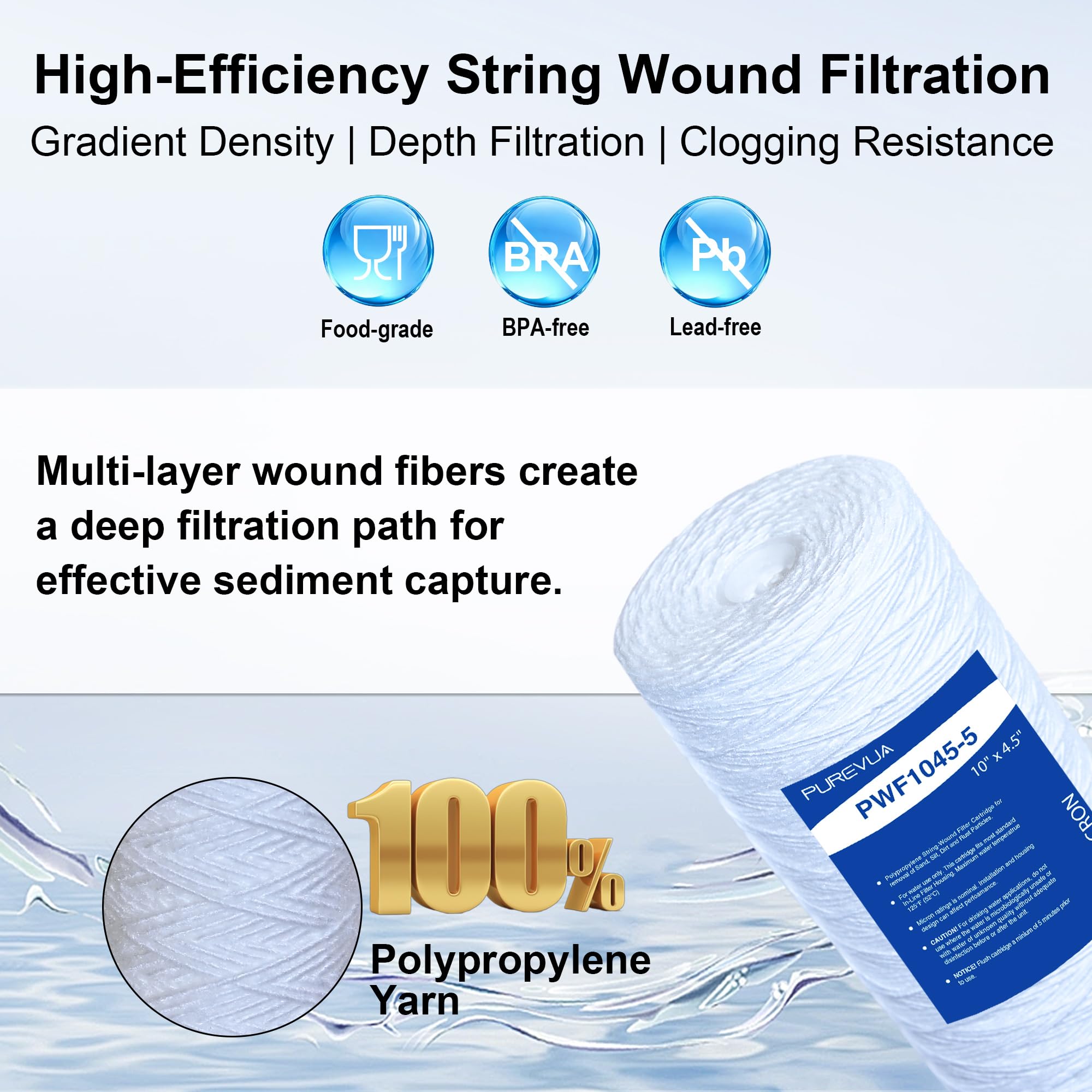 Filtro de sedimentos de cuerda de 5 micrones de 10 x 4.5 pulgadas, cartucho de filtro de agua para toda la casa para agua de pozo, compatible con WP5BB97P, RS22, SWC-45-1005, se adapta a