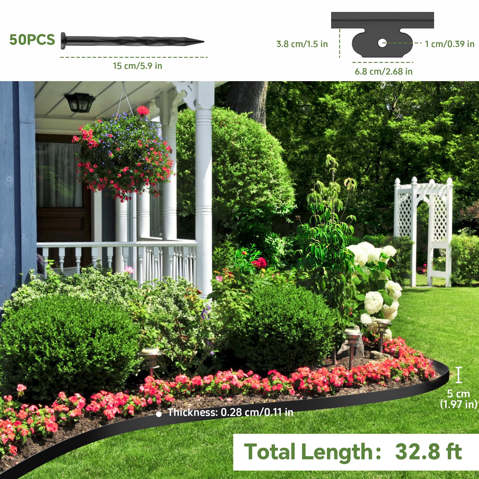 Bordure de Jardin Extérieur, Bordure de Jardin Flexible 10 Mètres avec 50 Piquets, Hauteur 5 cm, Plastique, Idéale pour Délimiter Les Pelouses, Massifs de Fleurs, Bordures et Allées – Noir