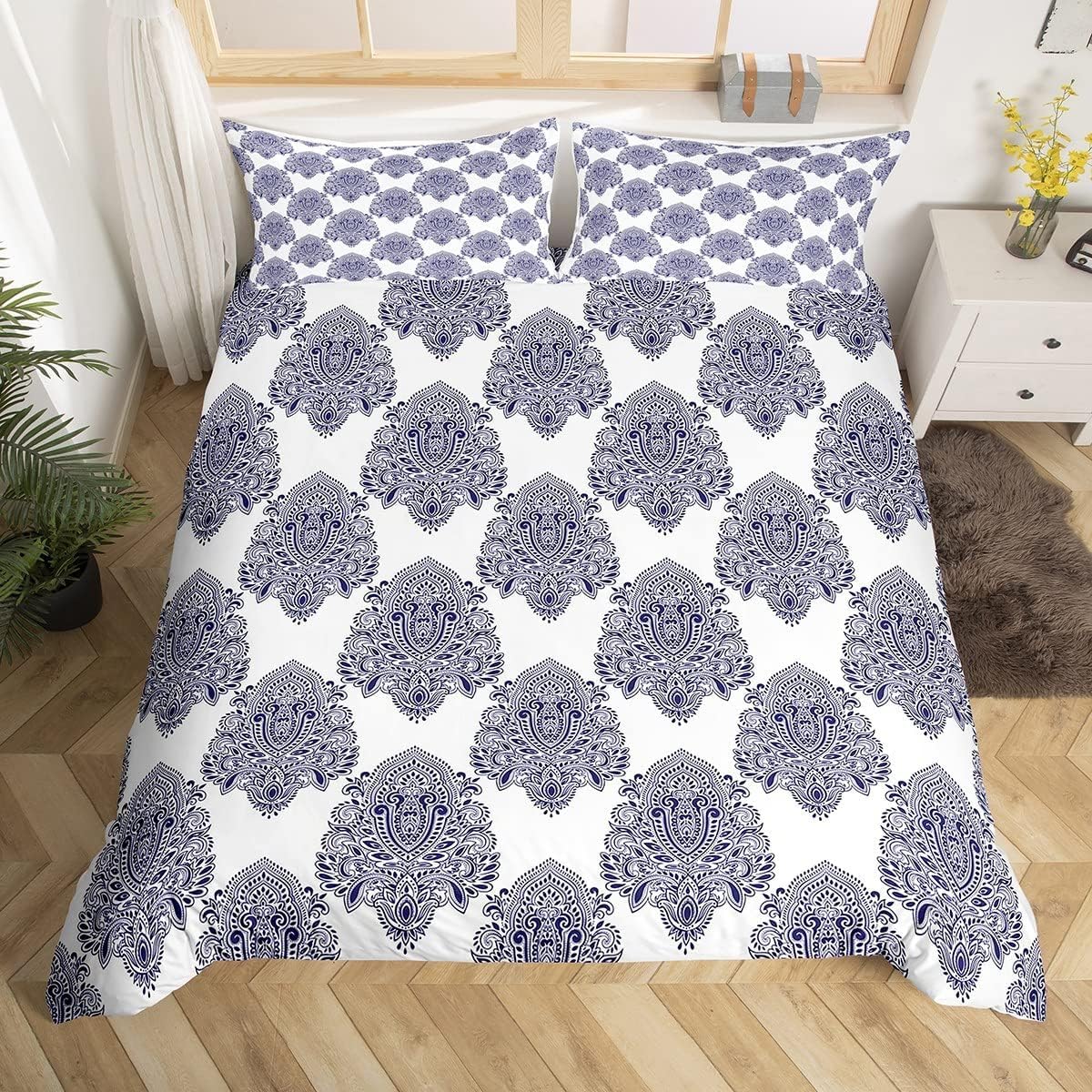 Homewish Blue Damask King Size Duvet Cover Sets for Adults Men Women, Boho Paisley Floral Bedding Set Bohemian Medallion Comforter Cover, Reversible Indigo Bedding & Linen, Microfibre โ image 1