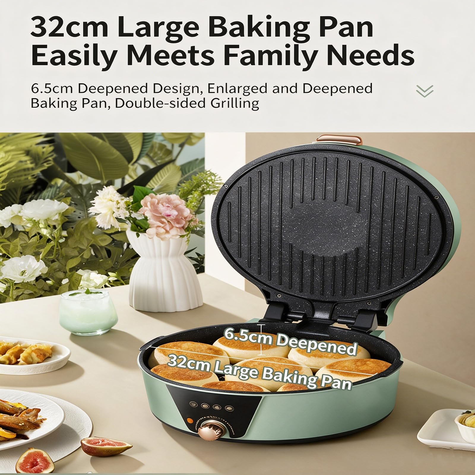 1800W, Antiadherente Desmontable, Calefacción de Doble Cara, para Desayuno | 1800W, calefacción por ambos lados. sartén antiadherente. Bandeja desmontable(cyan)