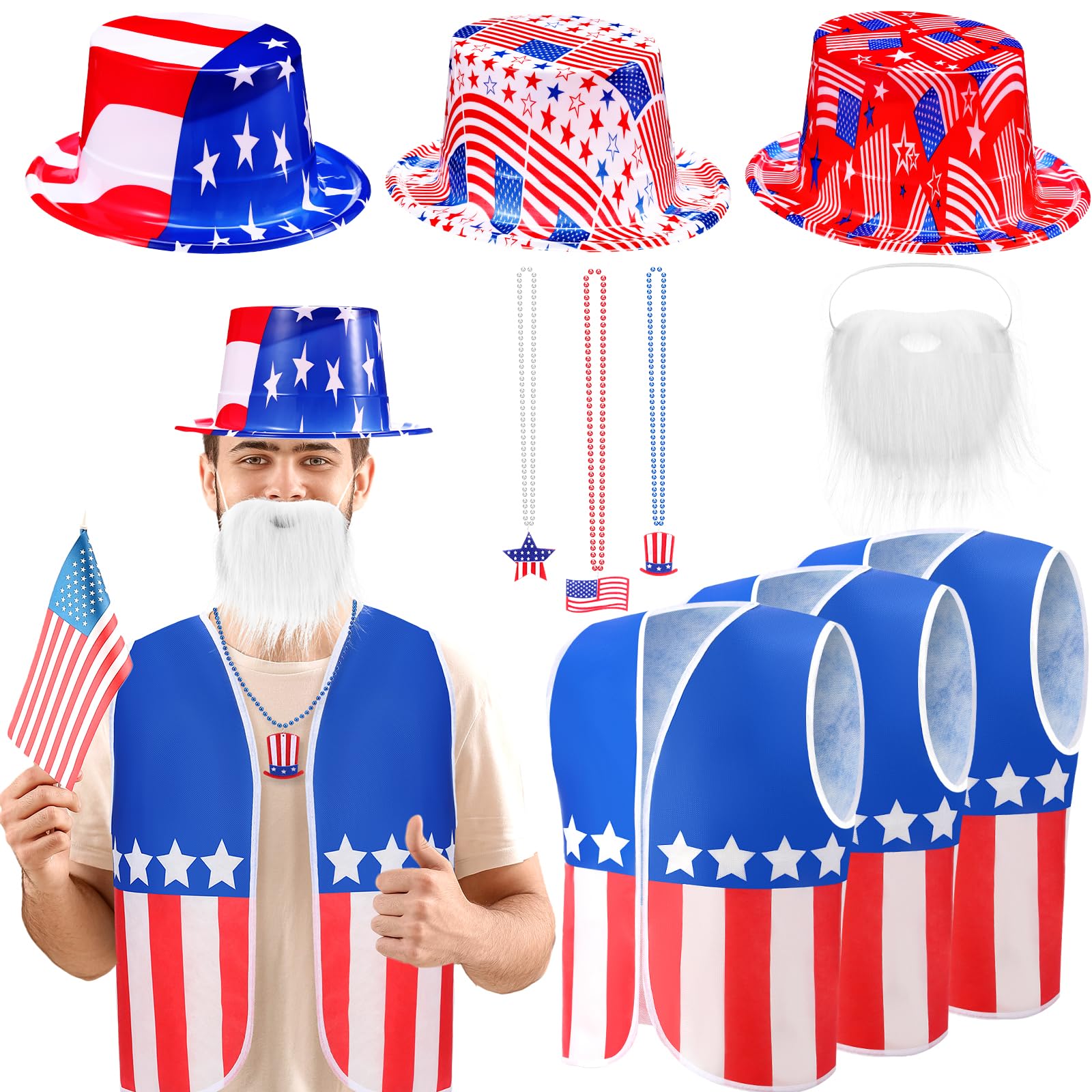 Photo 1 of ***MISSING PIECES -SELLING INCOMPLETE SET*** Yahenda 5 Pcs American Flag Costume Man 3 Set USA Patriotic Accessories 4th of July Outfit for 250th Anniversary Party