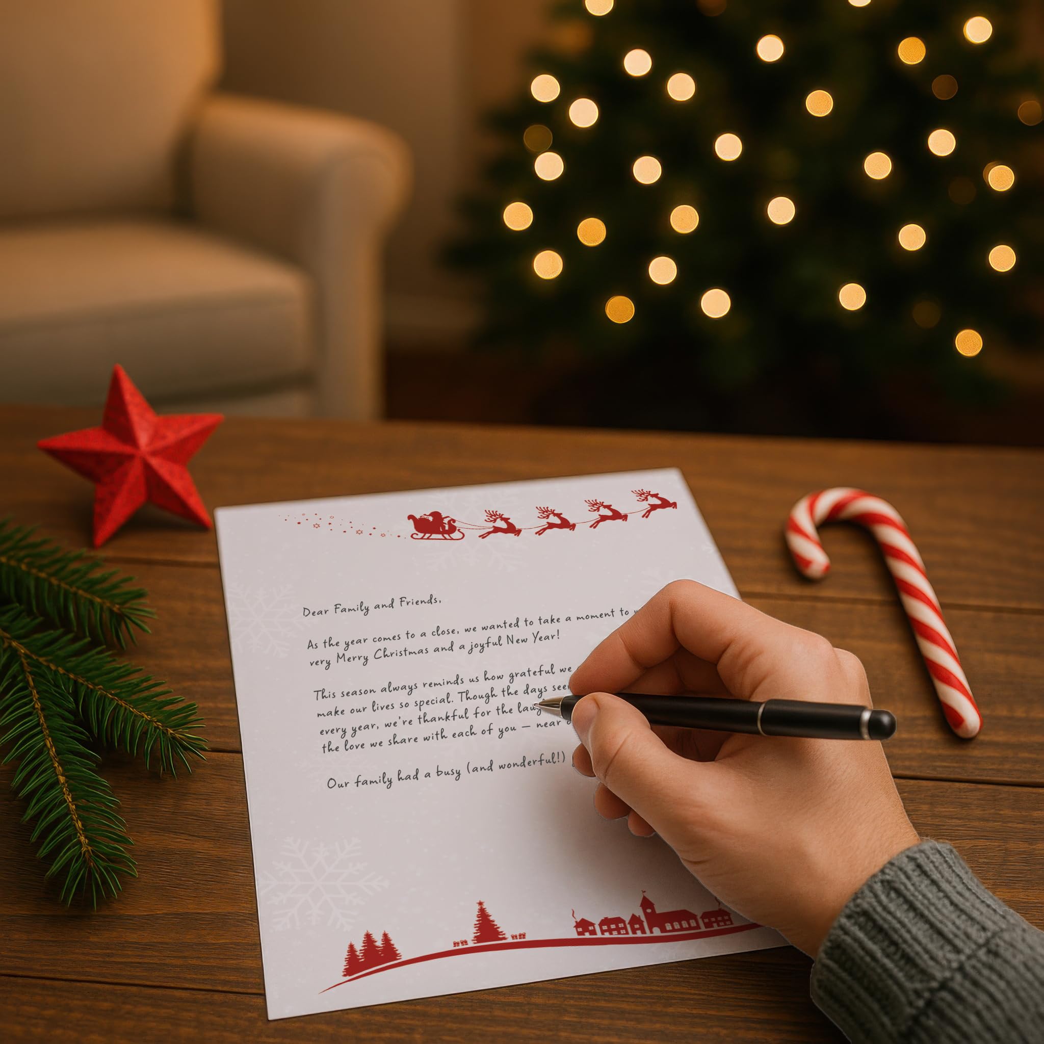 Cartel navideño de Papá Noel y reno sobre la ciudad – 80 hojas