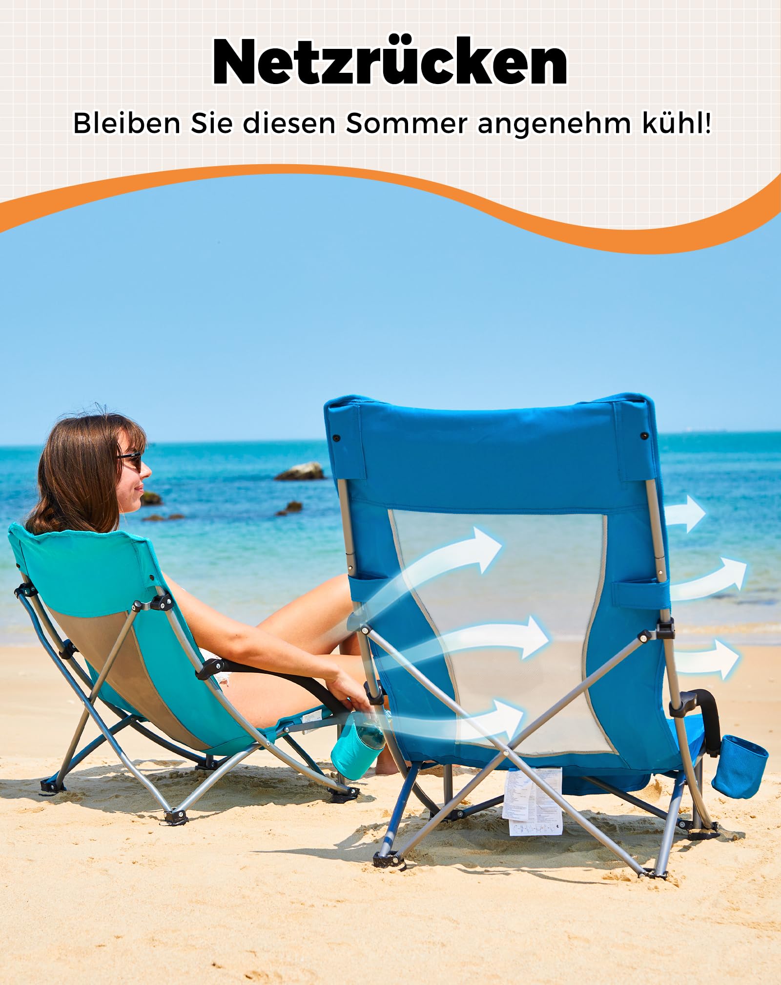 KingCamp Niedrig Strandstuhl Klappbar Leicht, bis 180 kg Belastbar, Campingstuhl Strandstuhl Faltbar mit Hohe Netzrückenlehne, Klappstuhl Strand mit Getränkehalter Netztasche, Strandsessel Cyan